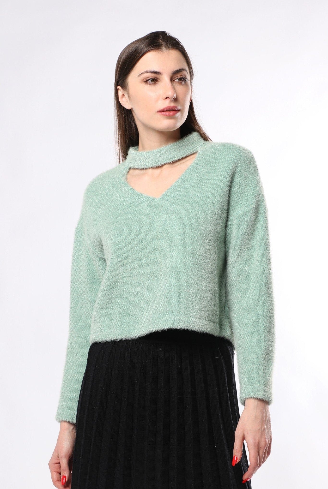 ميكا بلوزة بأكمام طويلة سادة بفتحة سبعة قصيرة