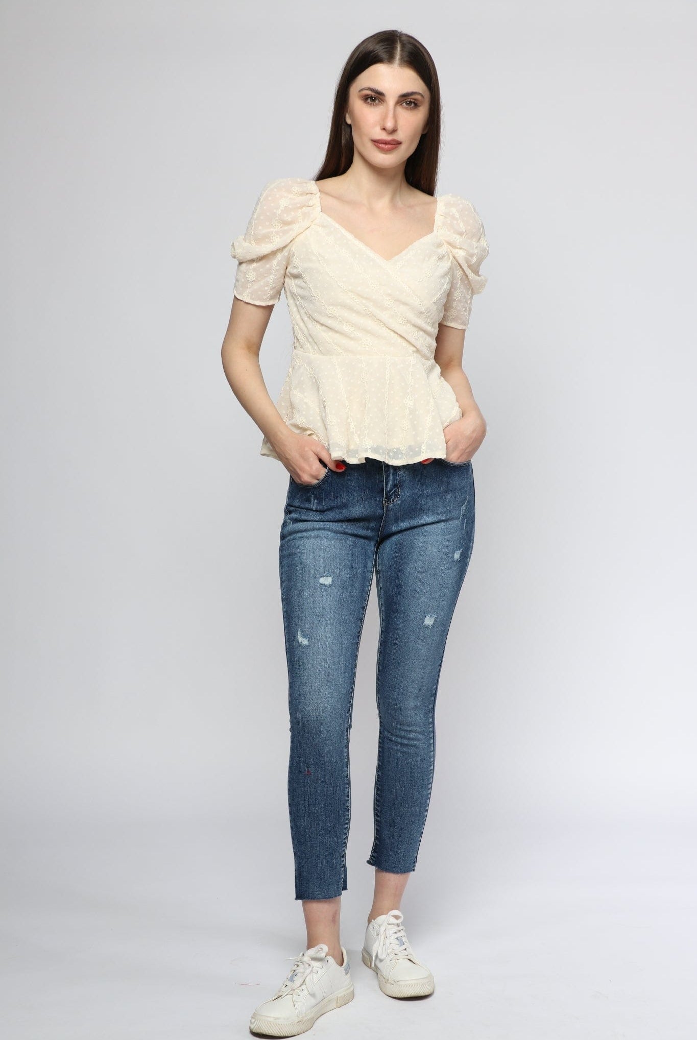 ميكا بلوزة مخصرة متداخلة الصدر نص كم بف نسائي