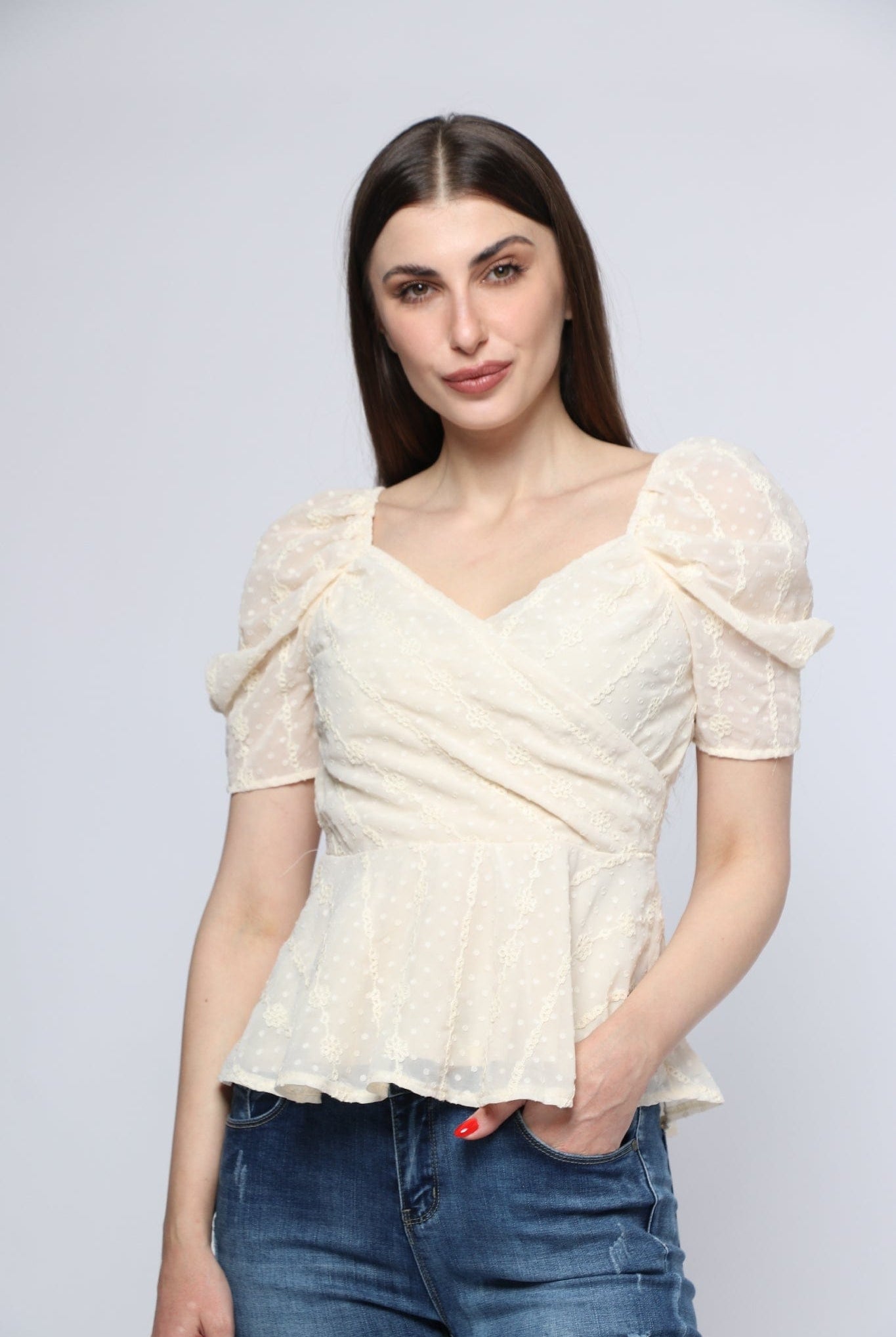 ميكا بلوزة مخصرة متداخلة الصدر نص كم بف نسائي