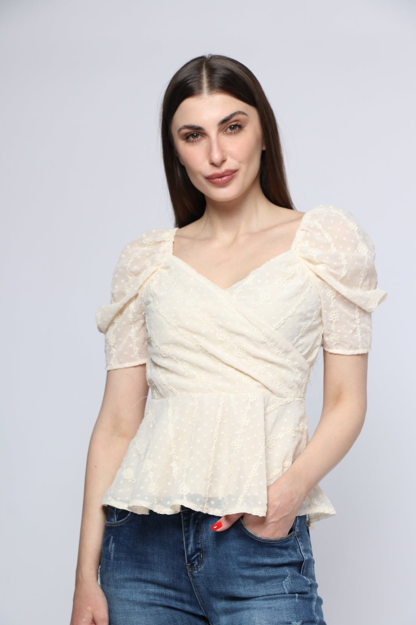 ميكا بلوزة مخصرة متداخلة الصدر نص كم بف نسائي