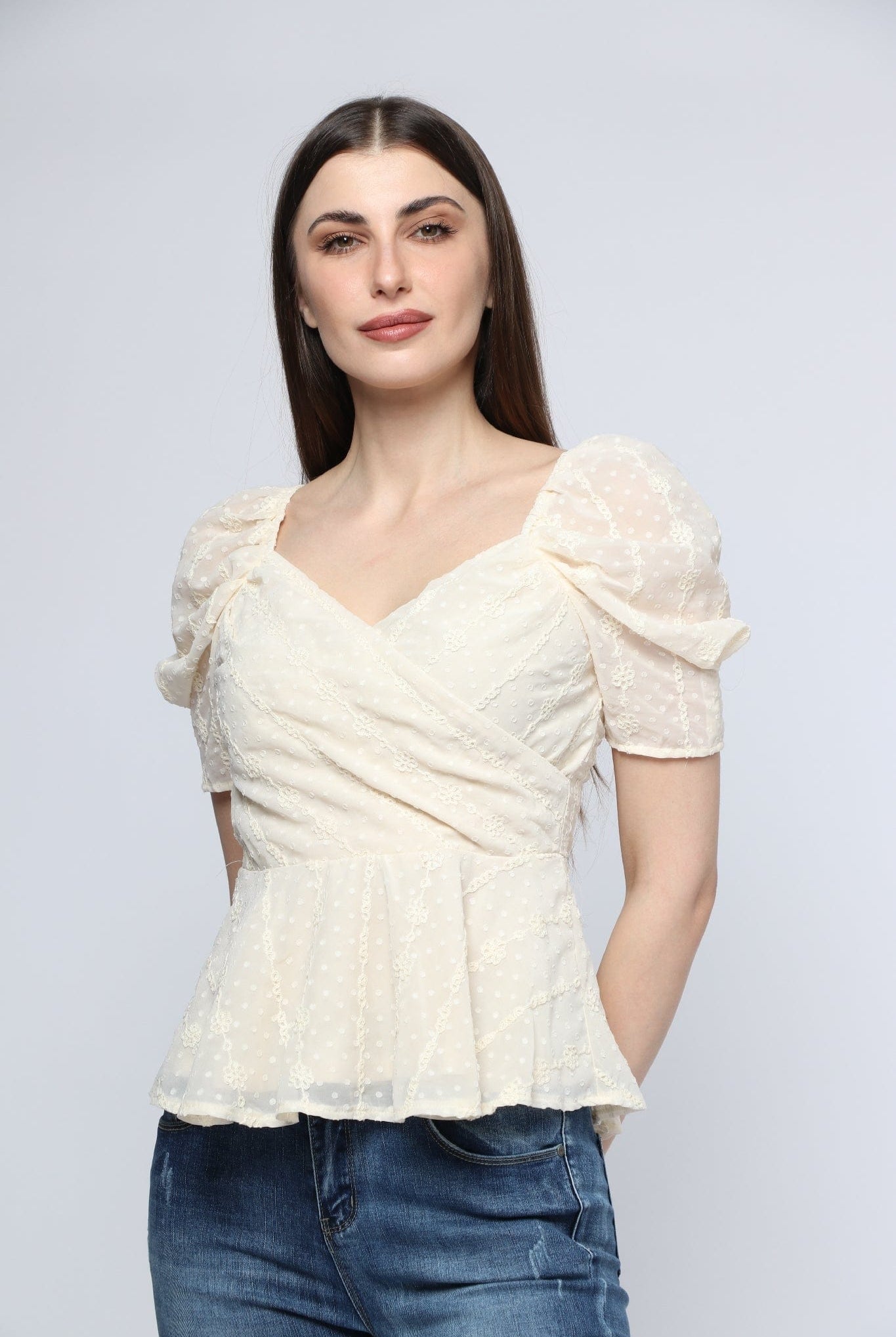 ميكا بلوزة مخصرة متداخلة الصدر نص كم بف نسائي