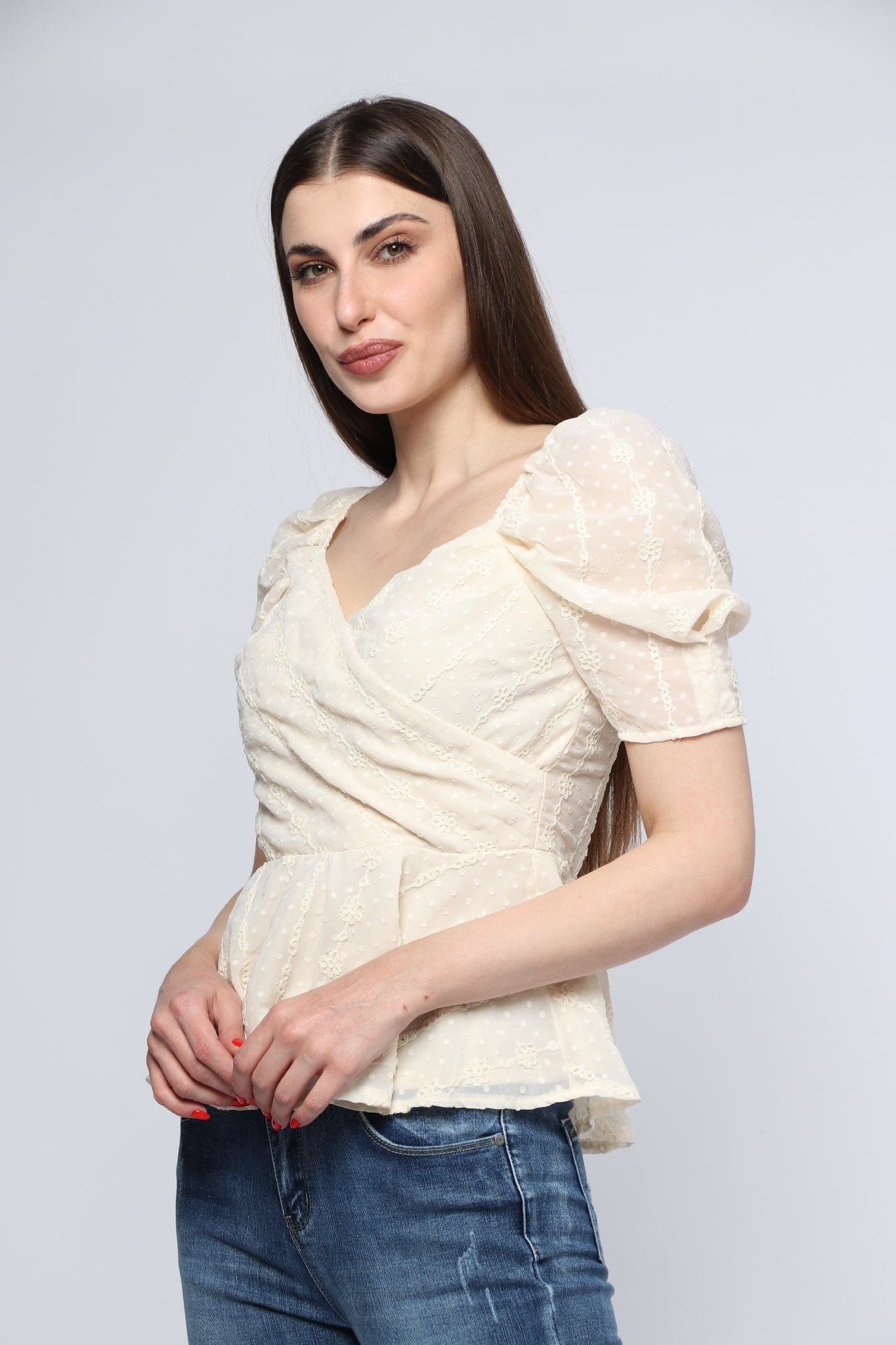 ميكا بلوزة مخصرة متداخلة الصدر نص كم بف نسائي