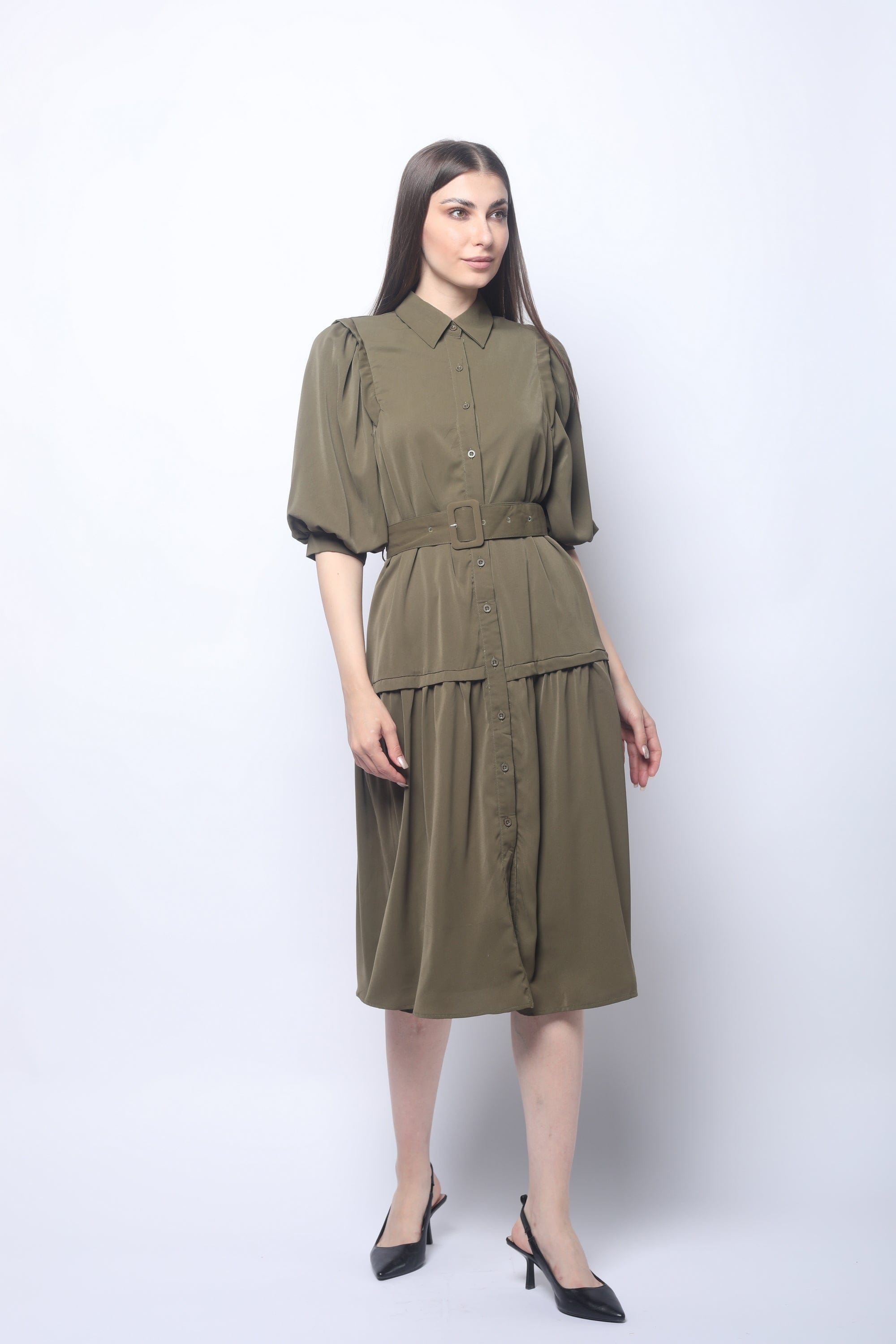 ميكا فستان ميدي سادة بأزرار أمامية نص كم بف