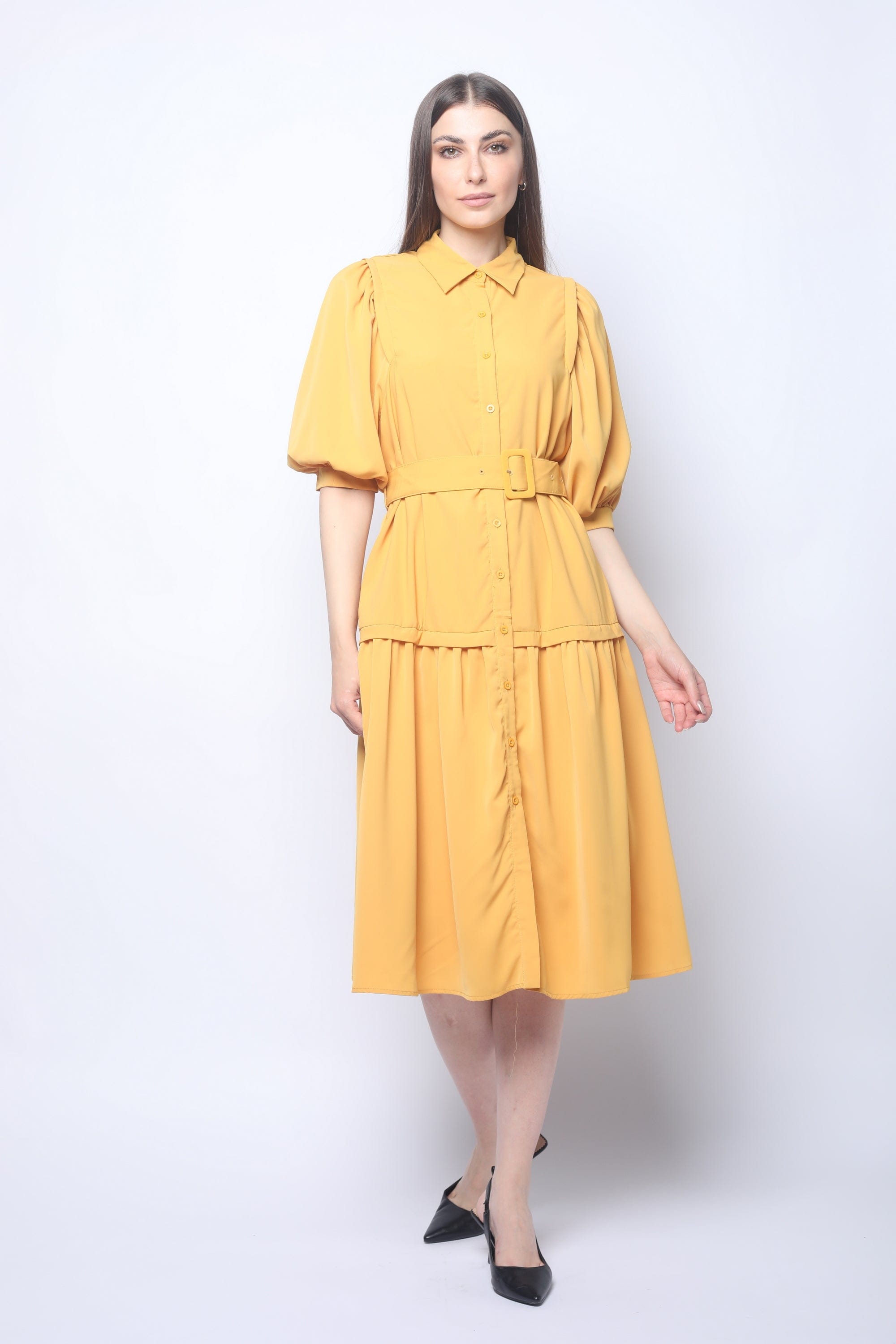 ميكا فستان ميدي سادة بأزرار أمامية نص كم بف