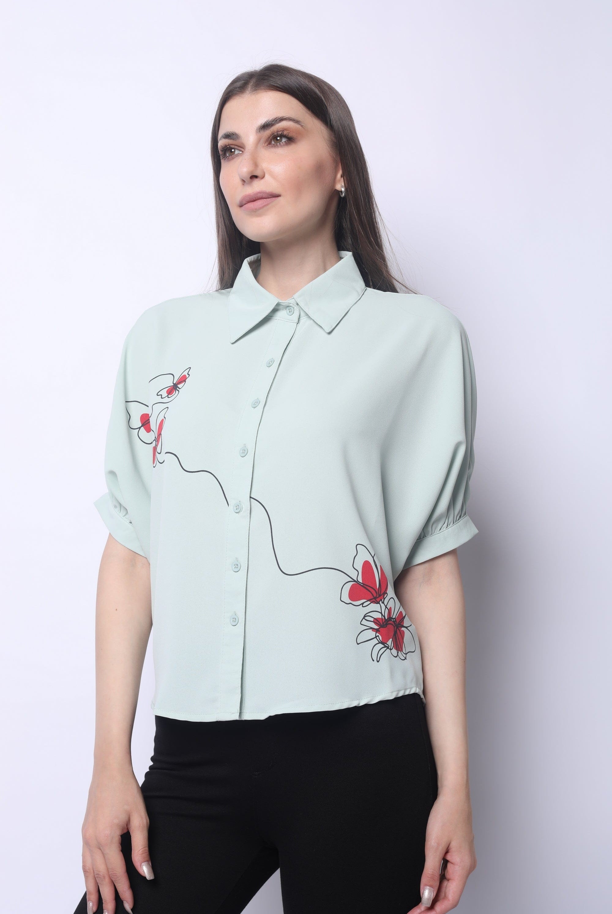 ميكا بلوزة أزرار أمامية ونقش على الجانب 3/4 كم نسائي