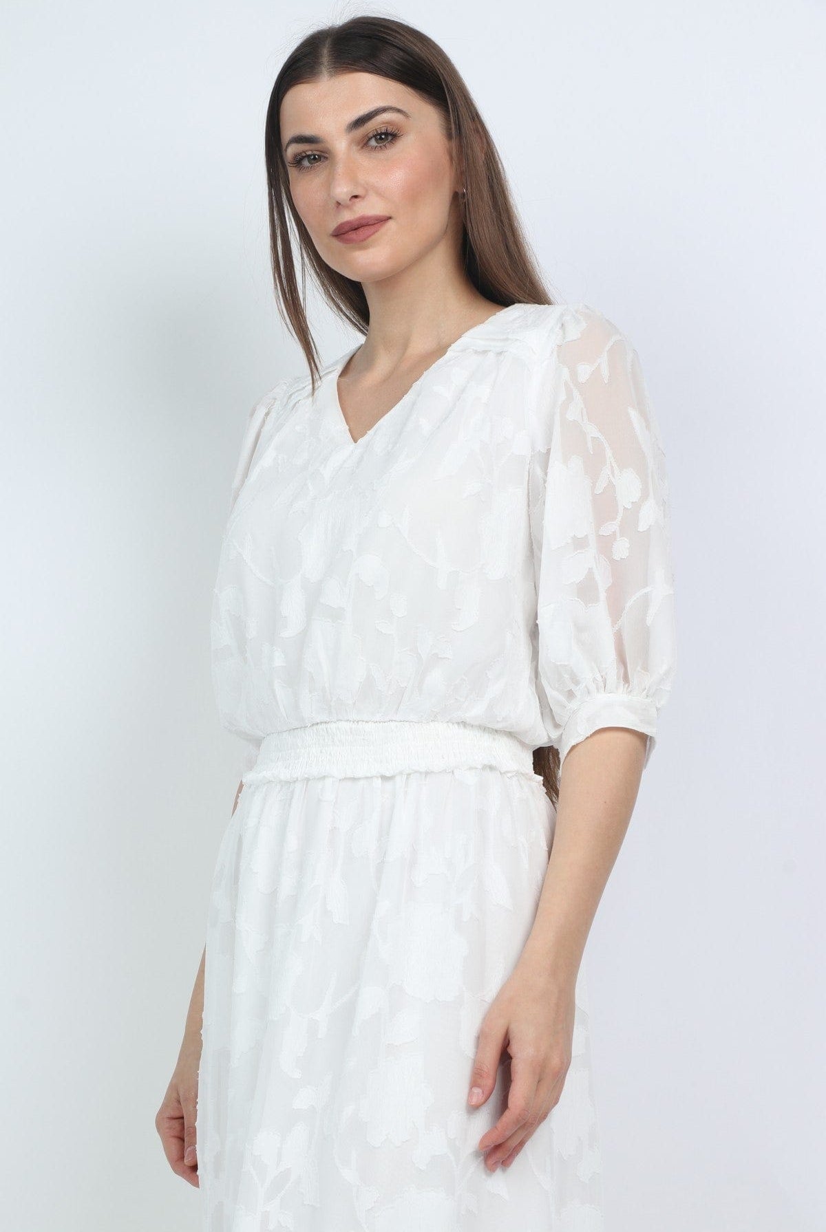 ميكا بلوزة مشجرة بتطريز مطبوع مخصرة 3/4 كم شفاف منفوخ نسائي