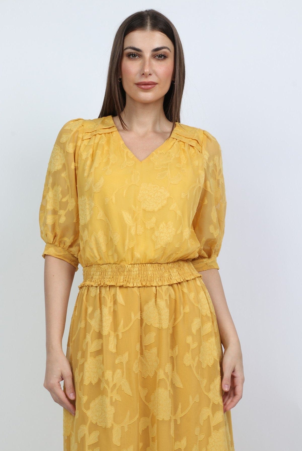 ميكا بلوزة مشجرة بتطريز مطبوع مخصرة 3/4 كم شفاف منفوخ نسائي