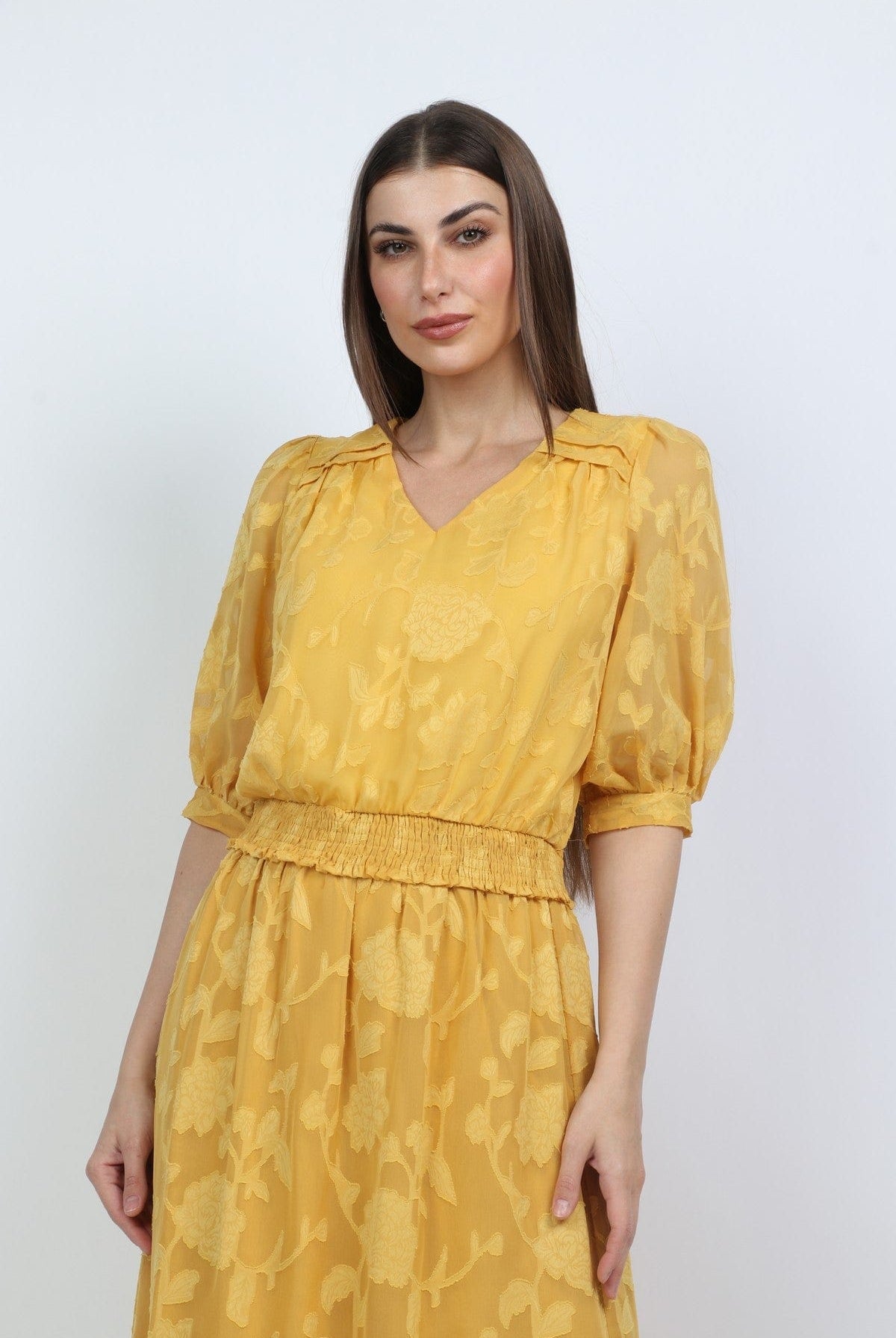 ميكا بلوزة مشجرة بتطريز مطبوع مخصرة 3/4 كم شفاف منفوخ نسائي