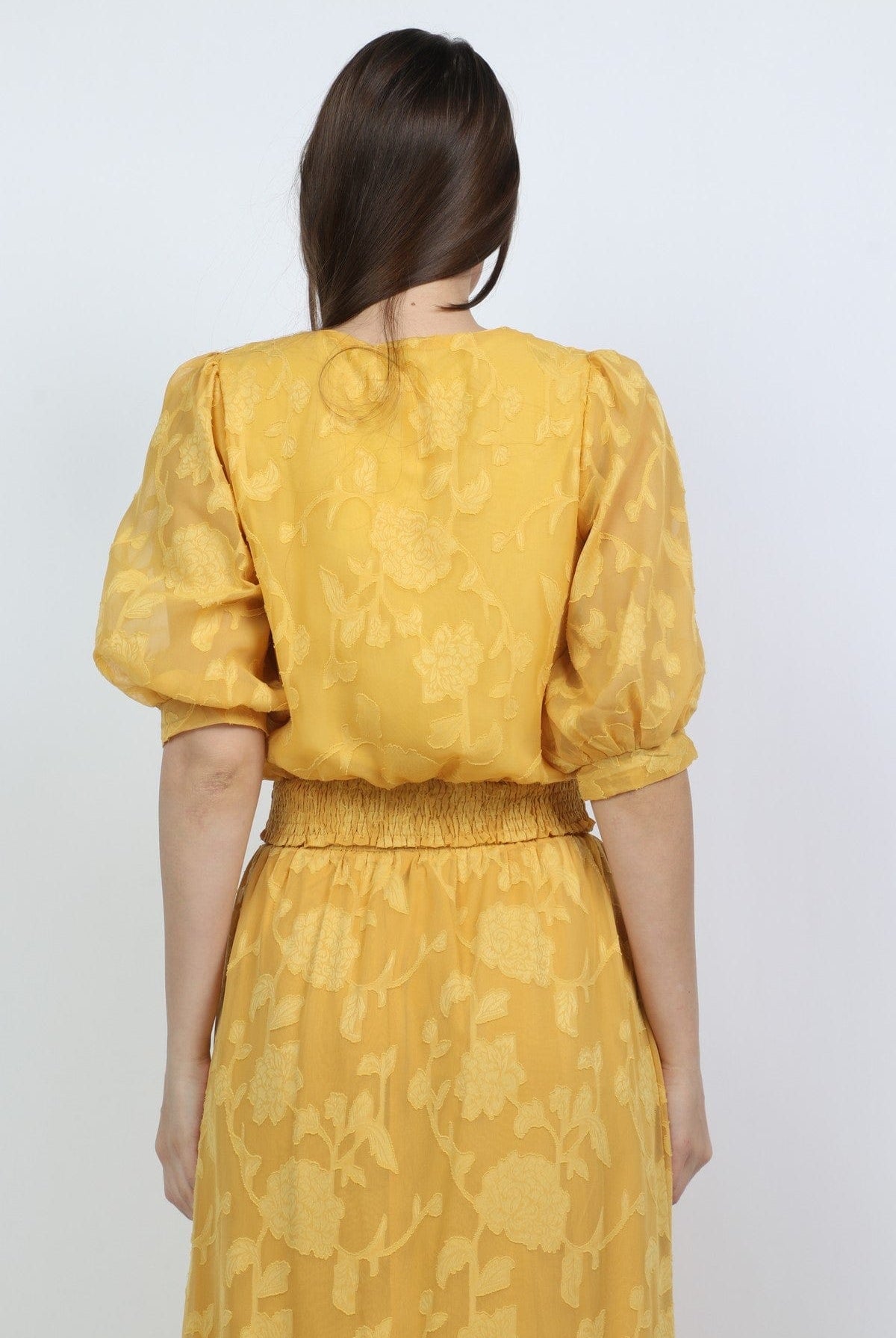 ميكا بلوزة مشجرة بتطريز مطبوع مخصرة 3/4 كم شفاف منفوخ نسائي