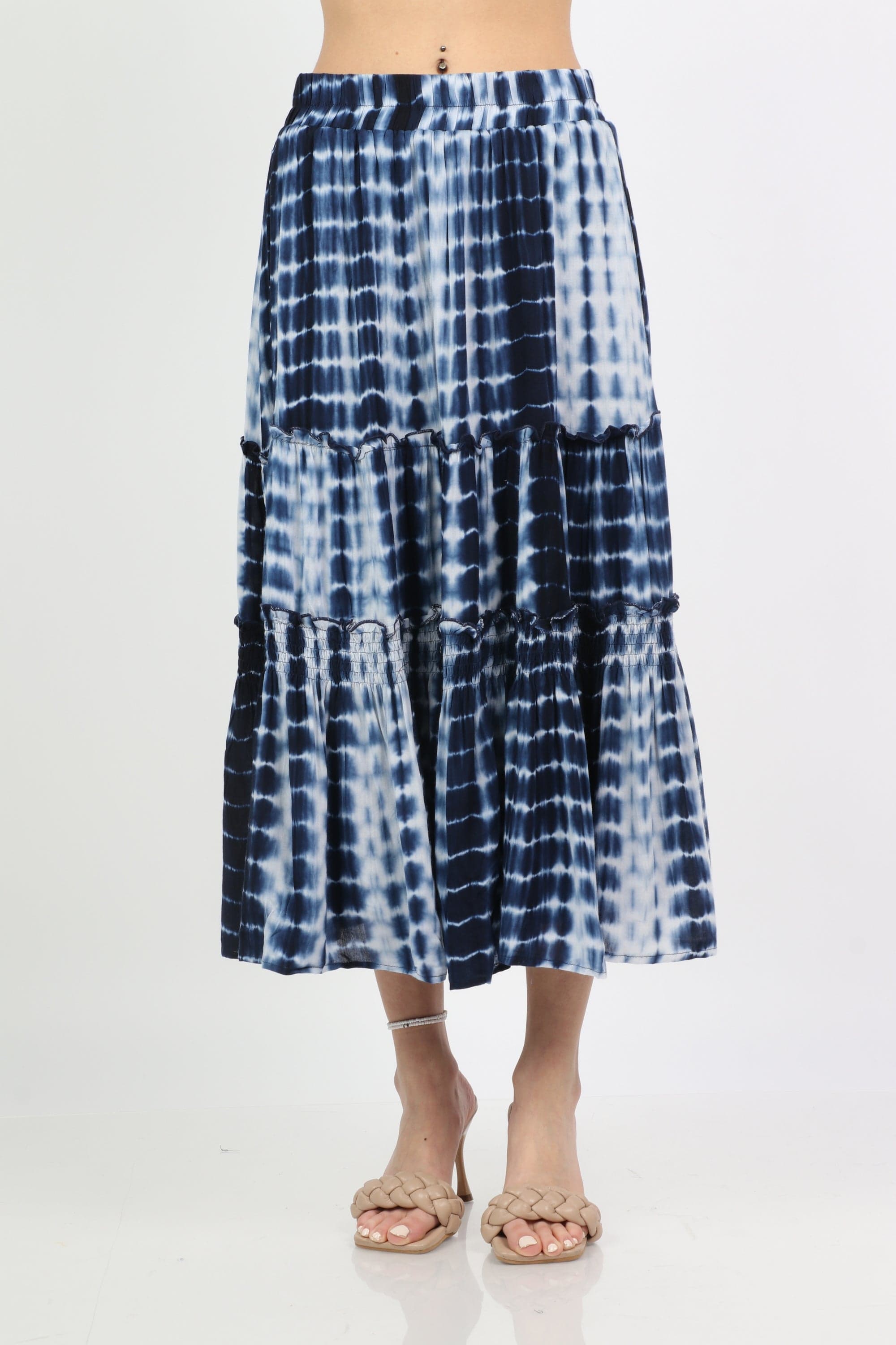 ميكا تنورة ميدي مصبوغة مزينة بكشكش واسعة