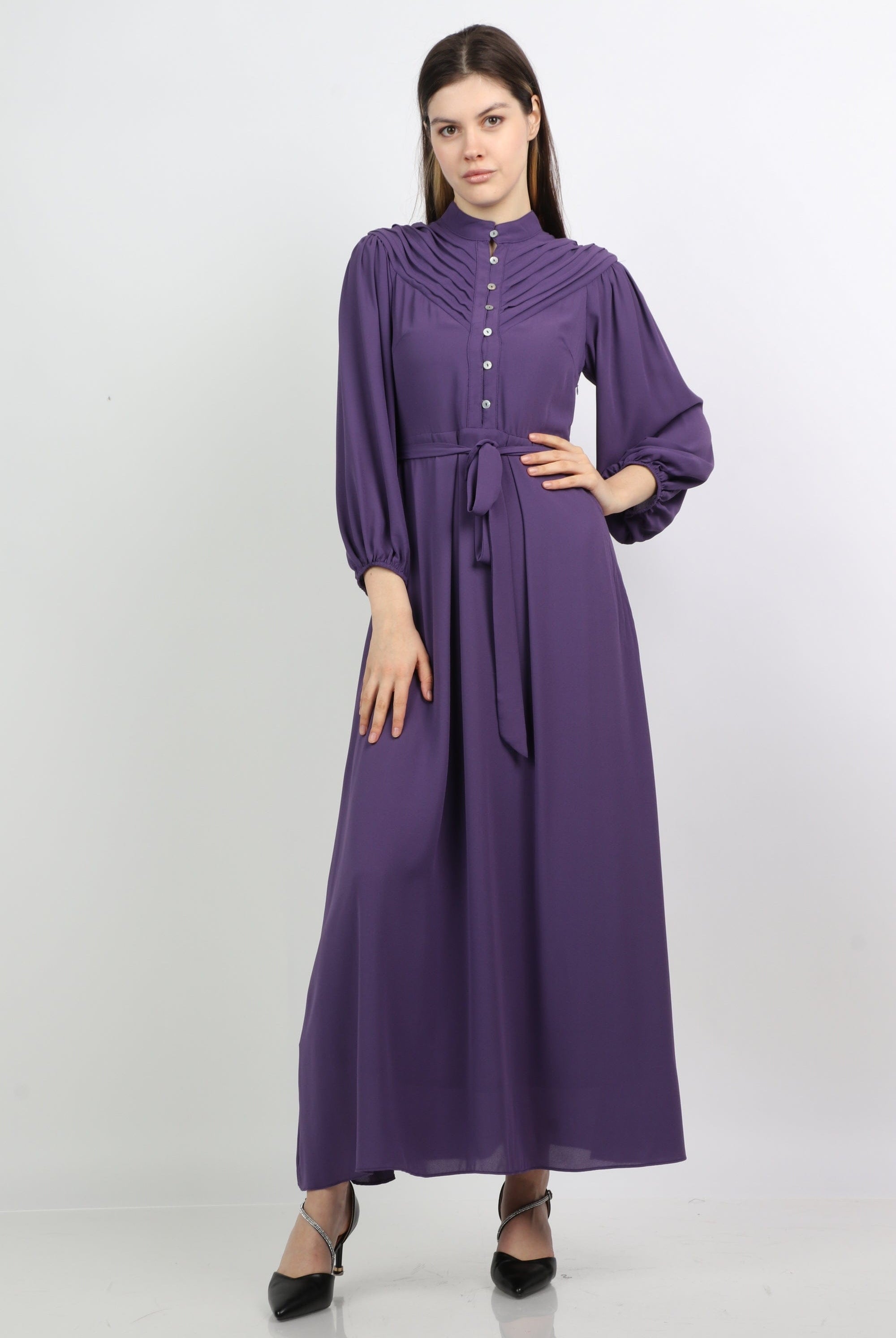 ميكا فستان مخصر بحزام على الخصر وازرار أمامية كم طويل بف نسائي