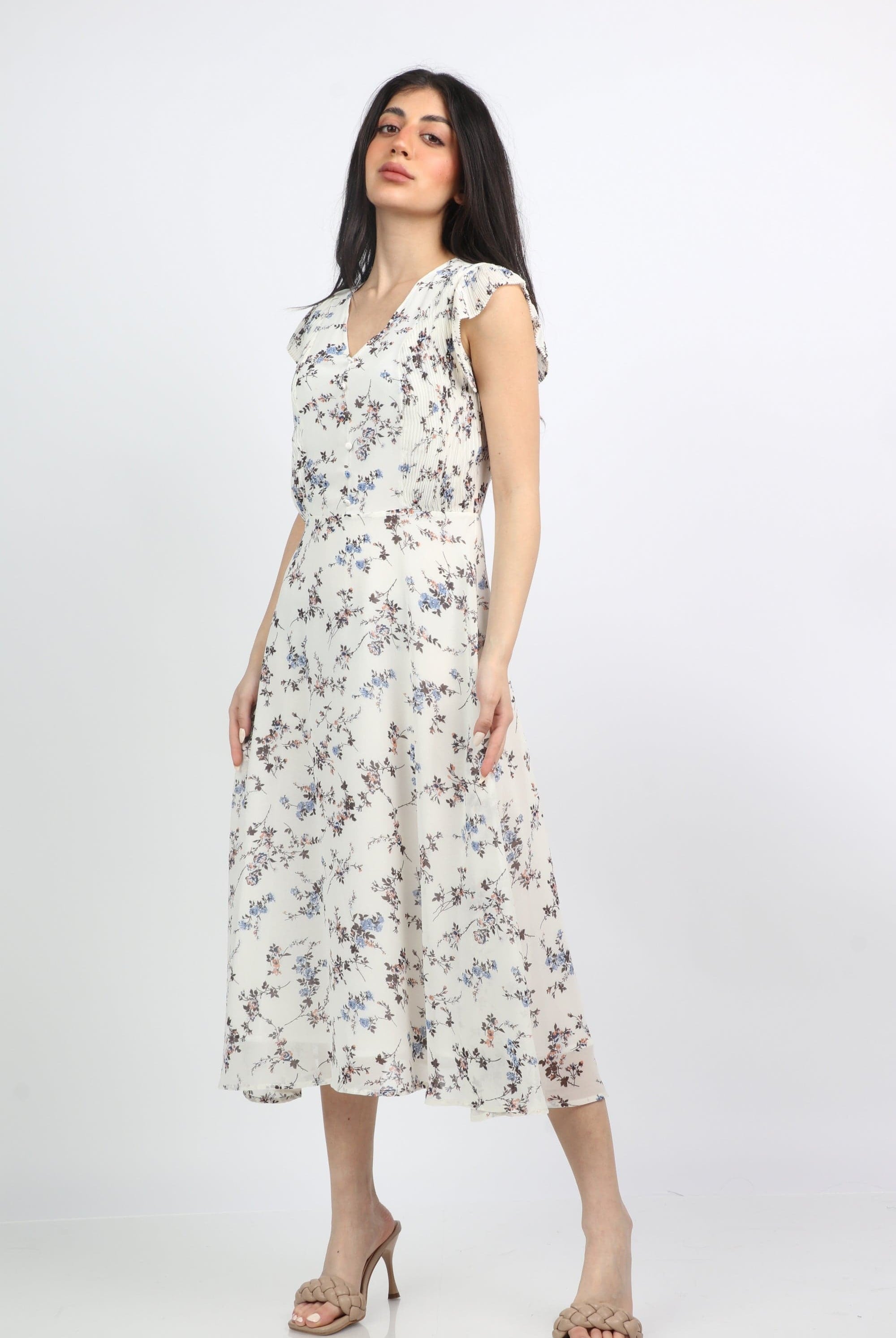 ميكا فستان ميدي مشجر مخصر منفوش كم قصير مكشكش