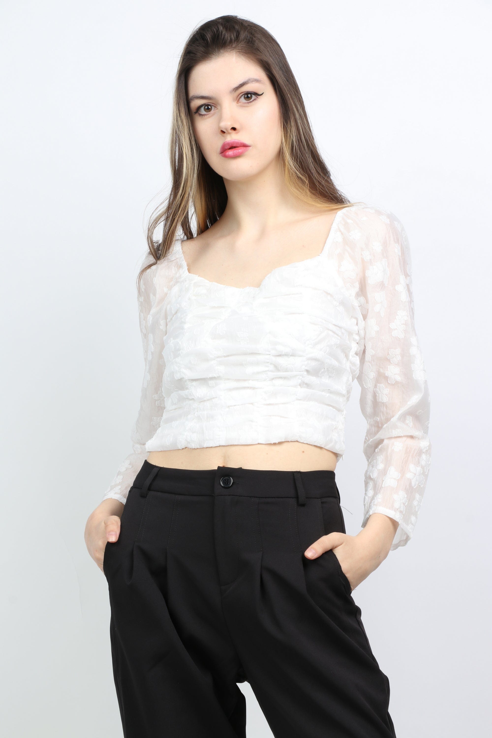 ميكا بلوزة مفتوحة من الأمام والخلف كم طويل نسائي