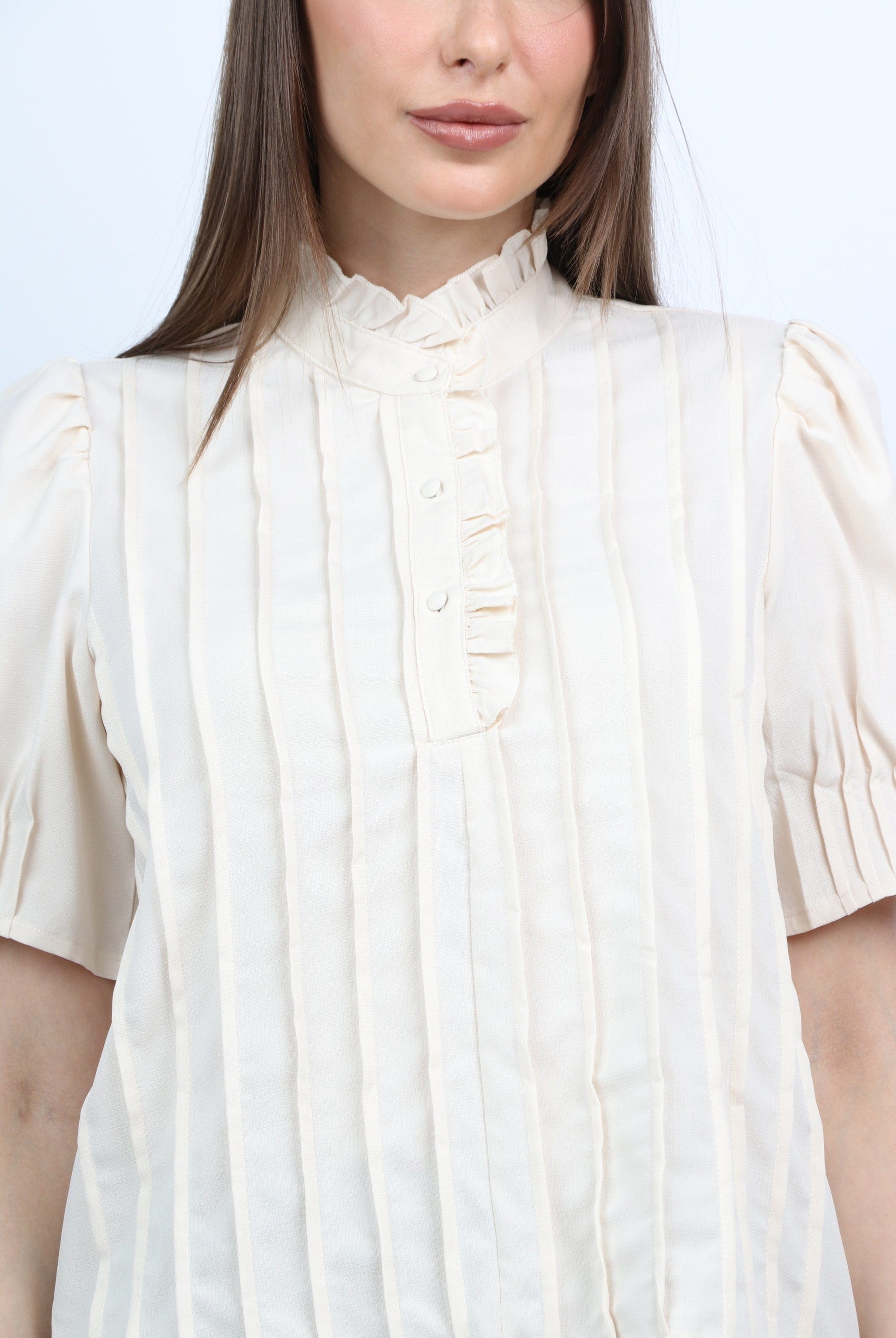 ميكا بلوزة رسمية بليسيه بأزرار أمامية كم قصير منفوخ نسائي