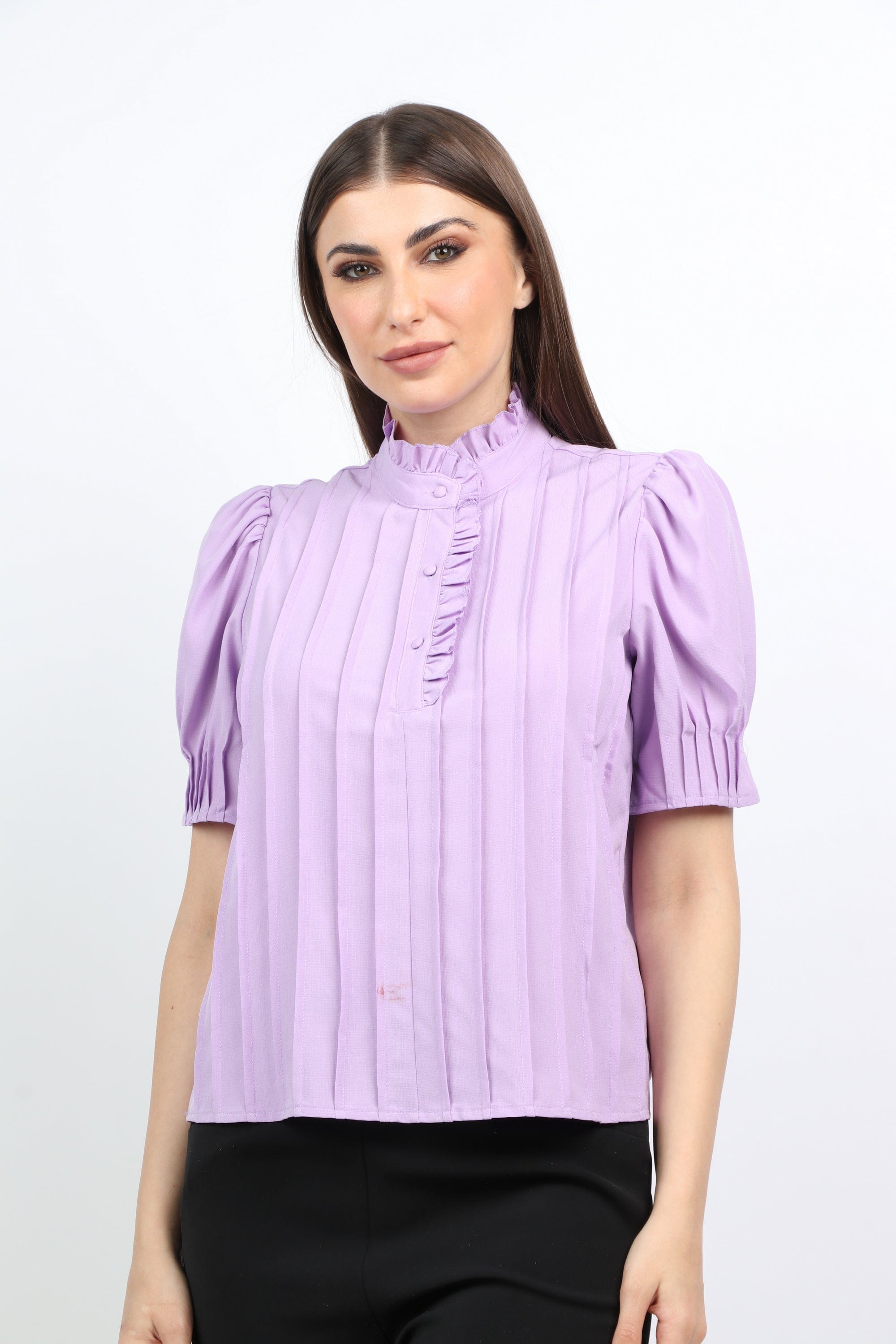 ميكا بلوزة رسمية بليسيه بأزرار أمامية كم قصير منفوخ نسائي