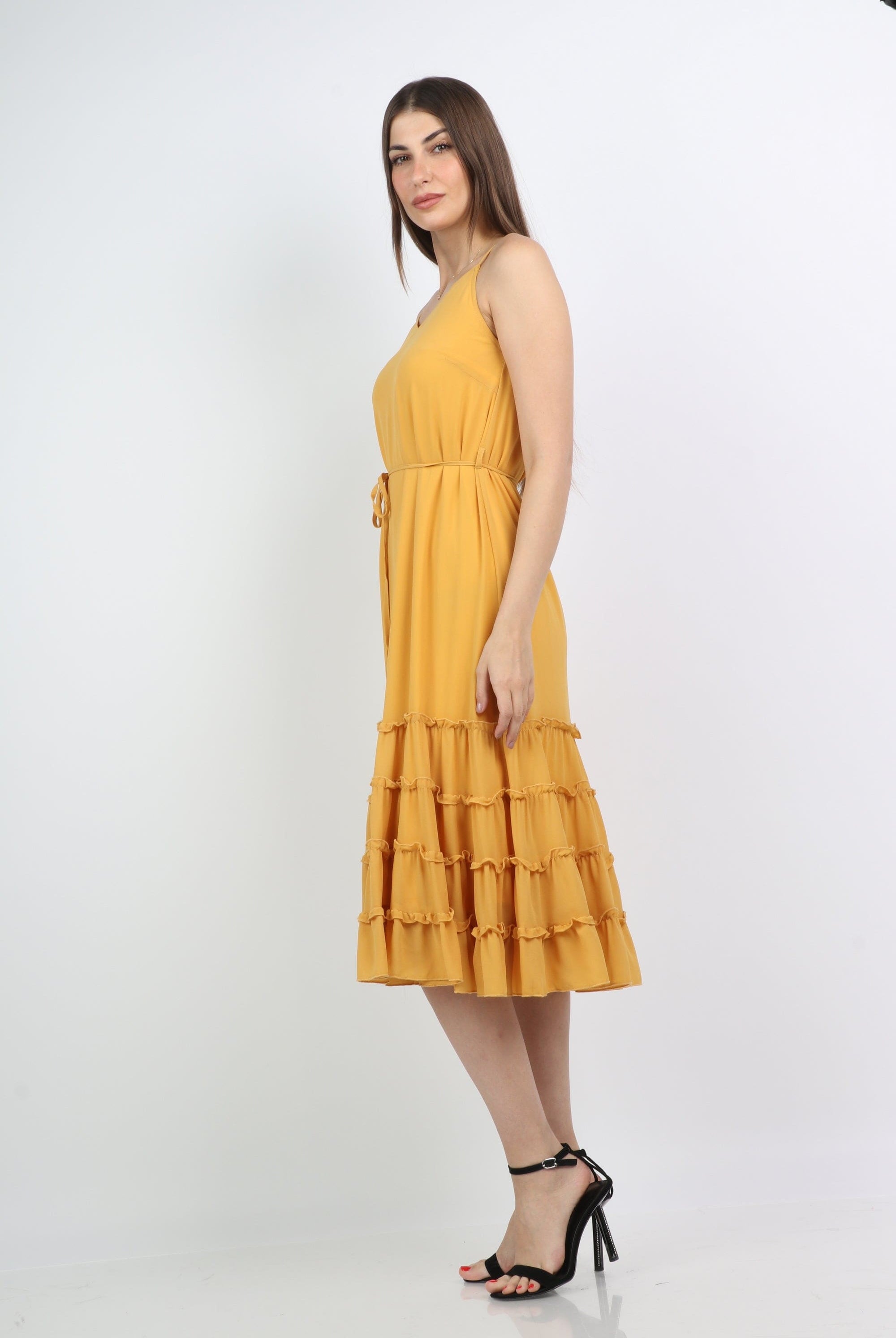 ميكا فستان ميدي سهرة بحمالات رفيعية مكشكش بدون كم