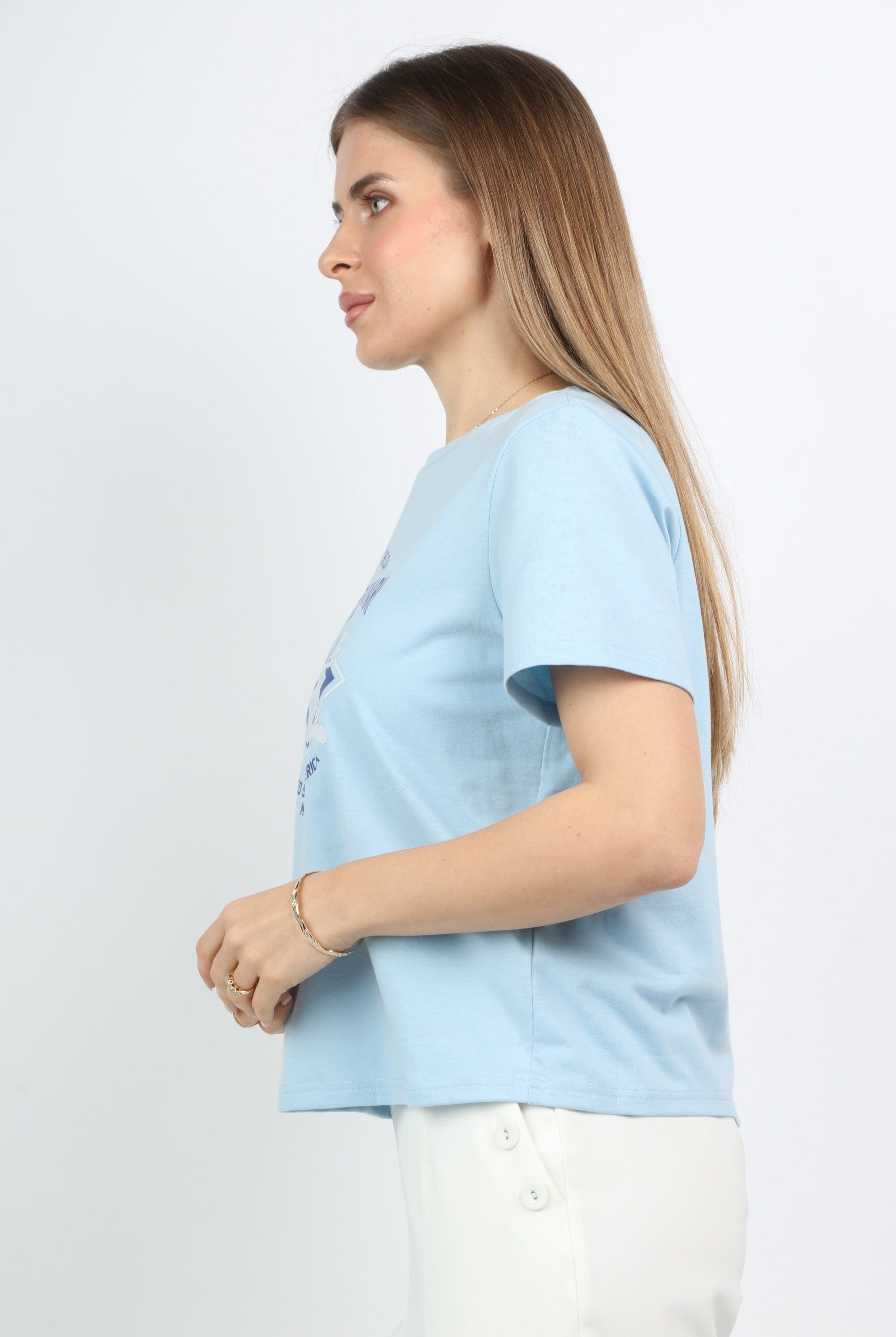 ميكا بلوزة كاجوال قطنية بفتحة دائرية كم قصير نسائي