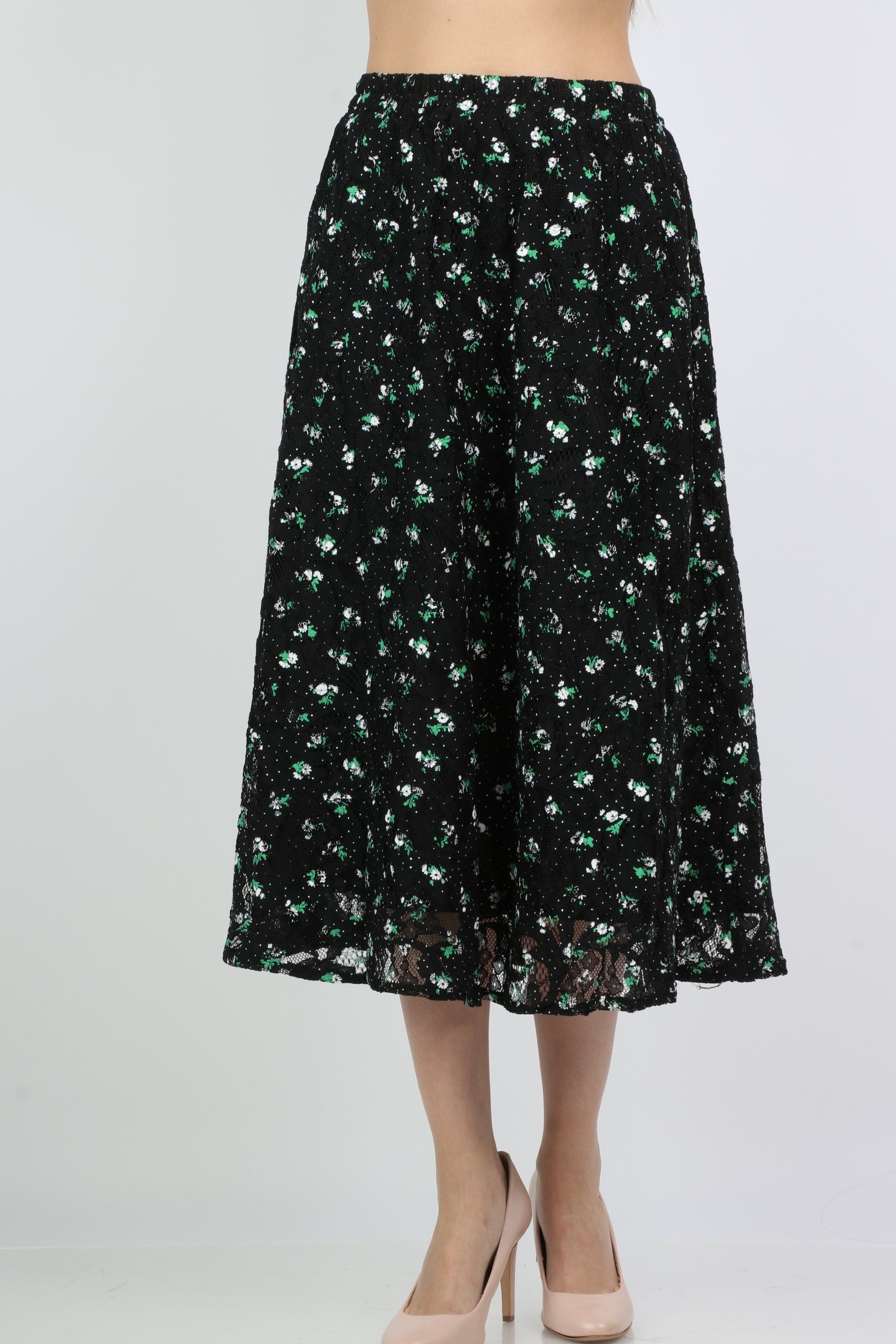 ميكا تنورة ميدي شيفون منقوشة بورود صغيرة أسود