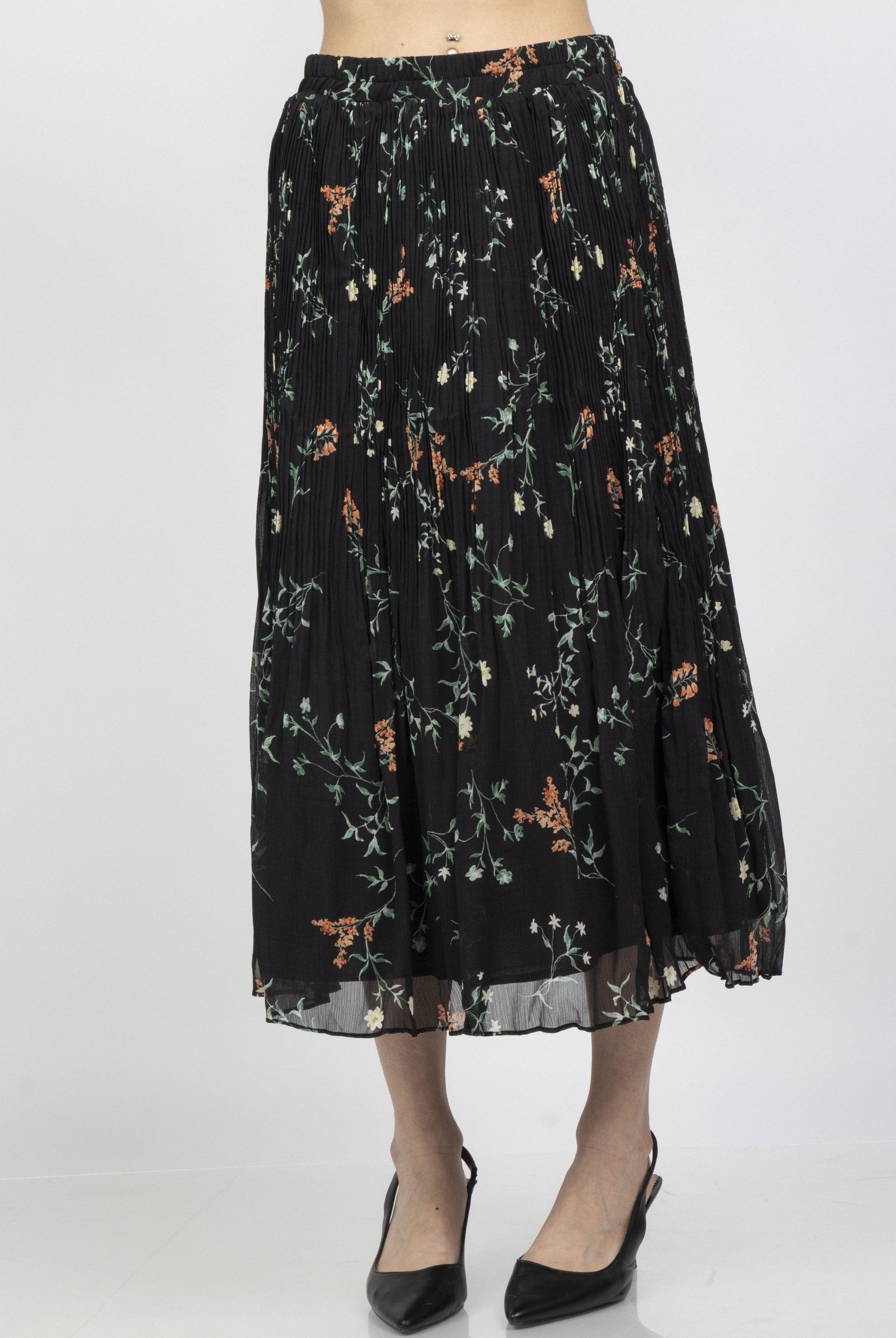 ميكا تنورة ميدي مشجرة بطبعة ورود صغيرة