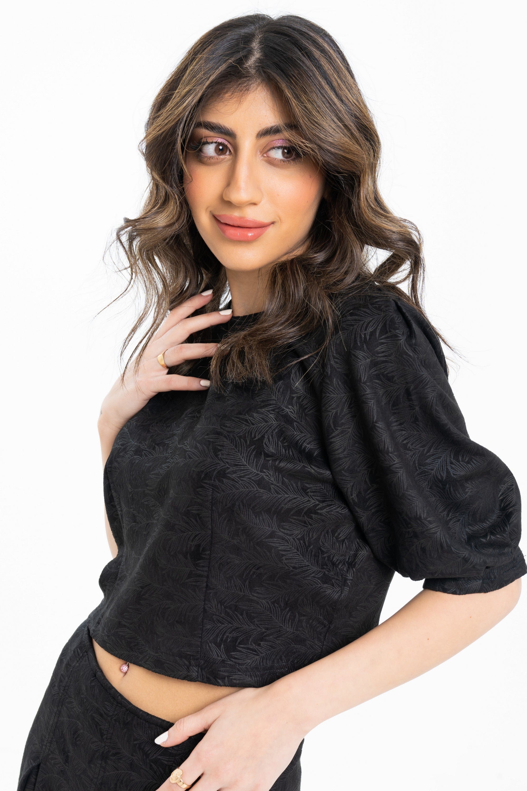 ميكا توب قصير خصر مرتفع كم قصير بف سادة نسائي