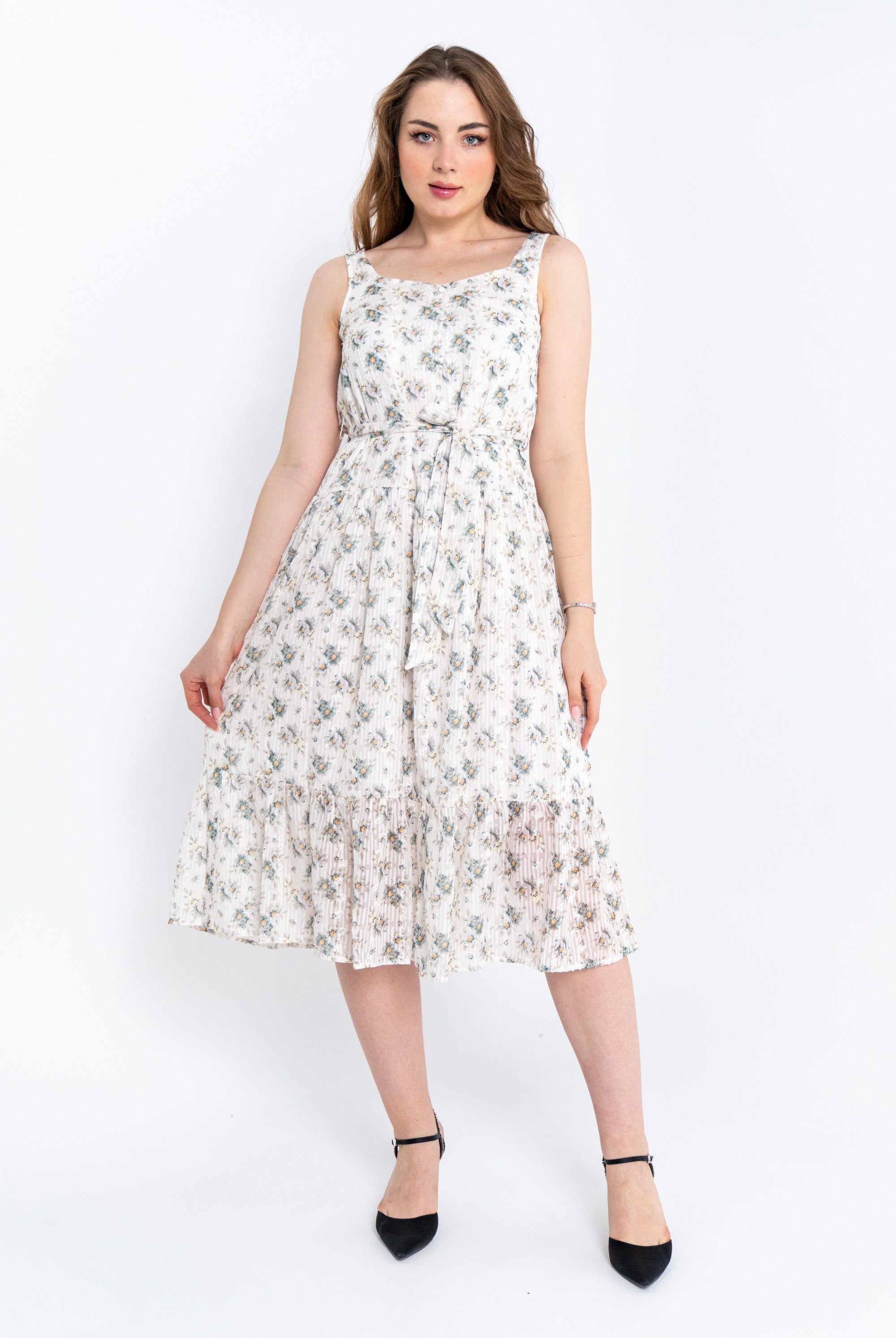 ميكا فستان ميدي مشجر كت بحزام على الخصر واسع من أسفل نسائي