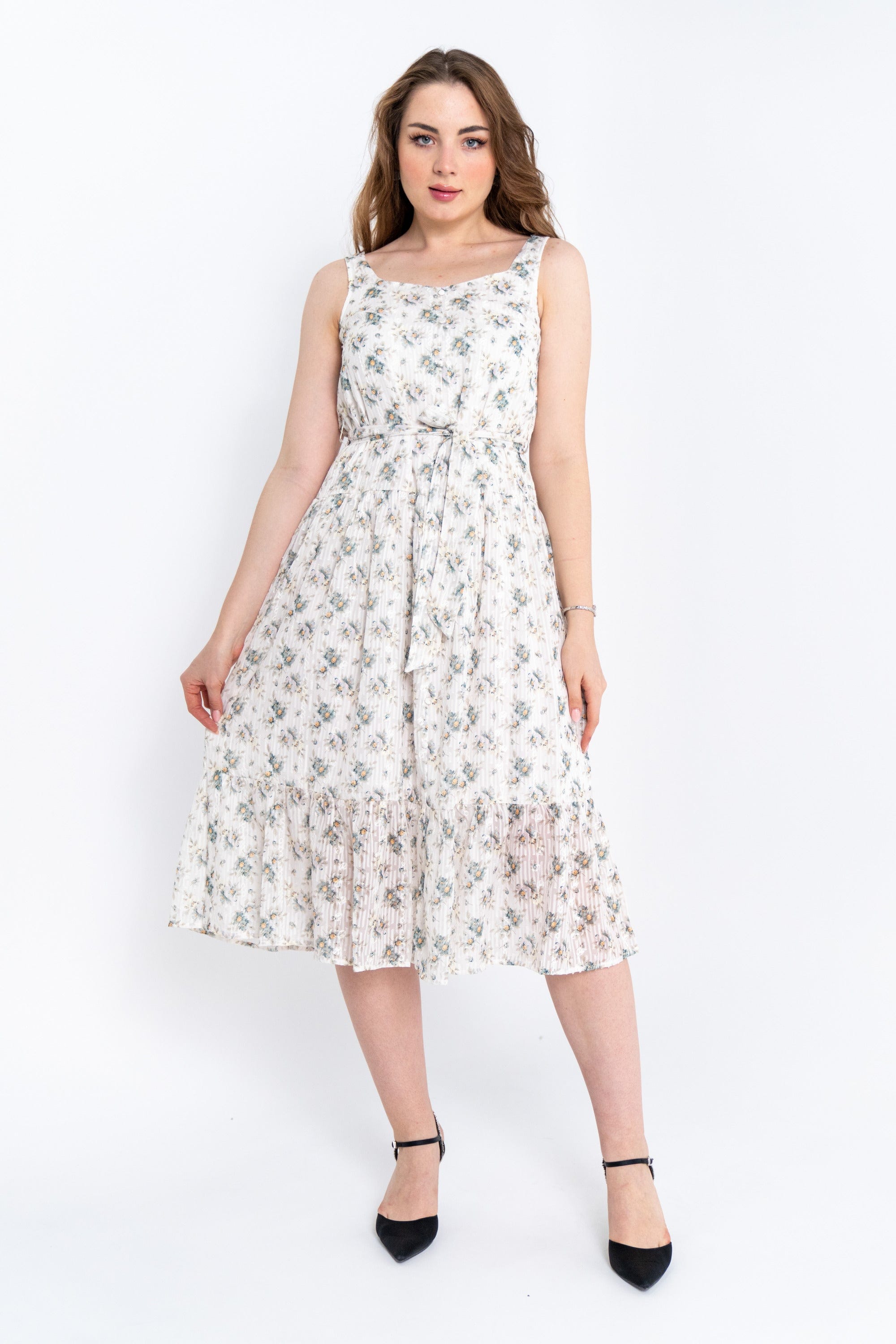 ميكا فستان ميدي مشجر كت بحزام على الخصر واسع من أسفل نسائي