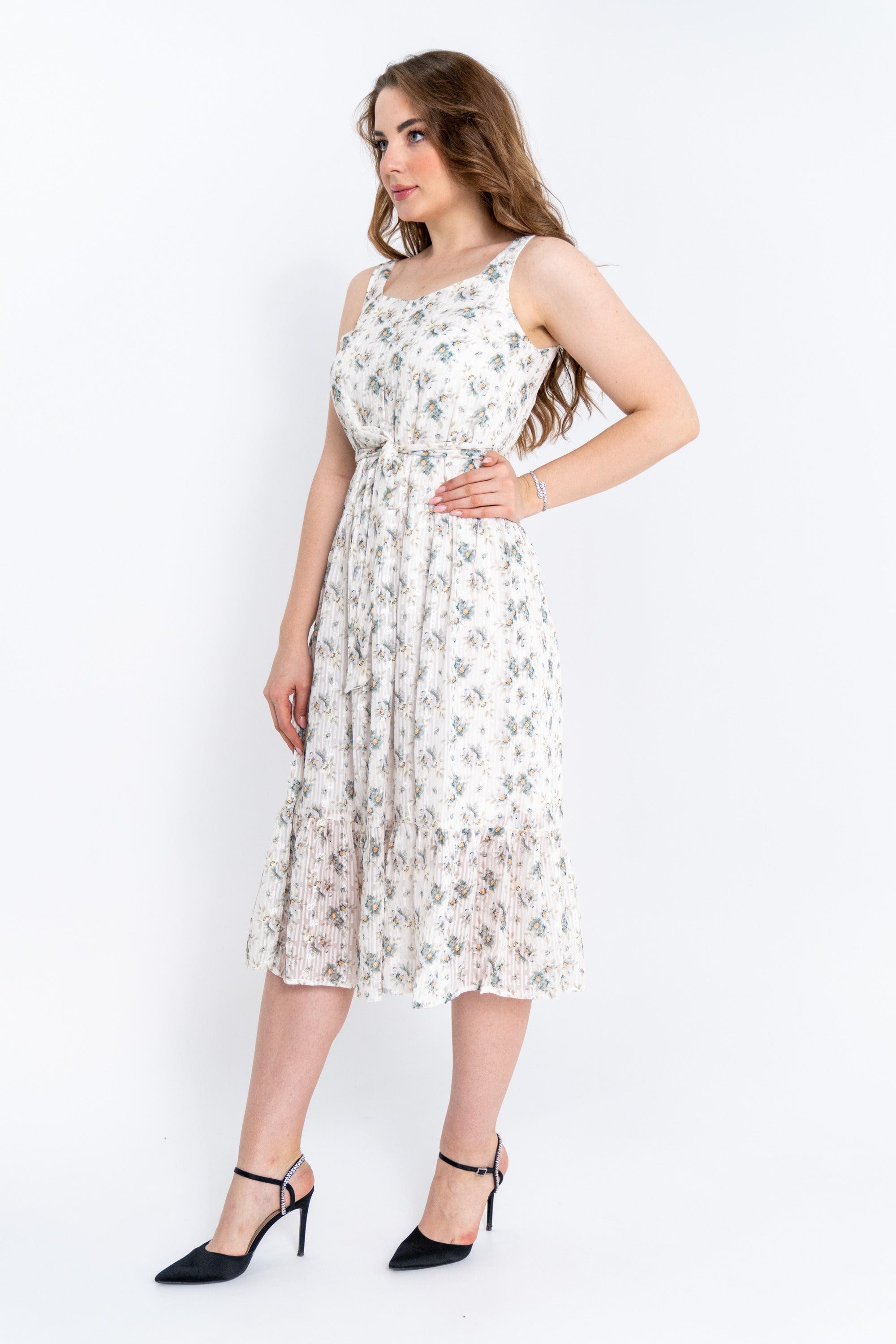 ميكا فستان ميدي مشجر كت بحزام على الخصر واسع من أسفل نسائي