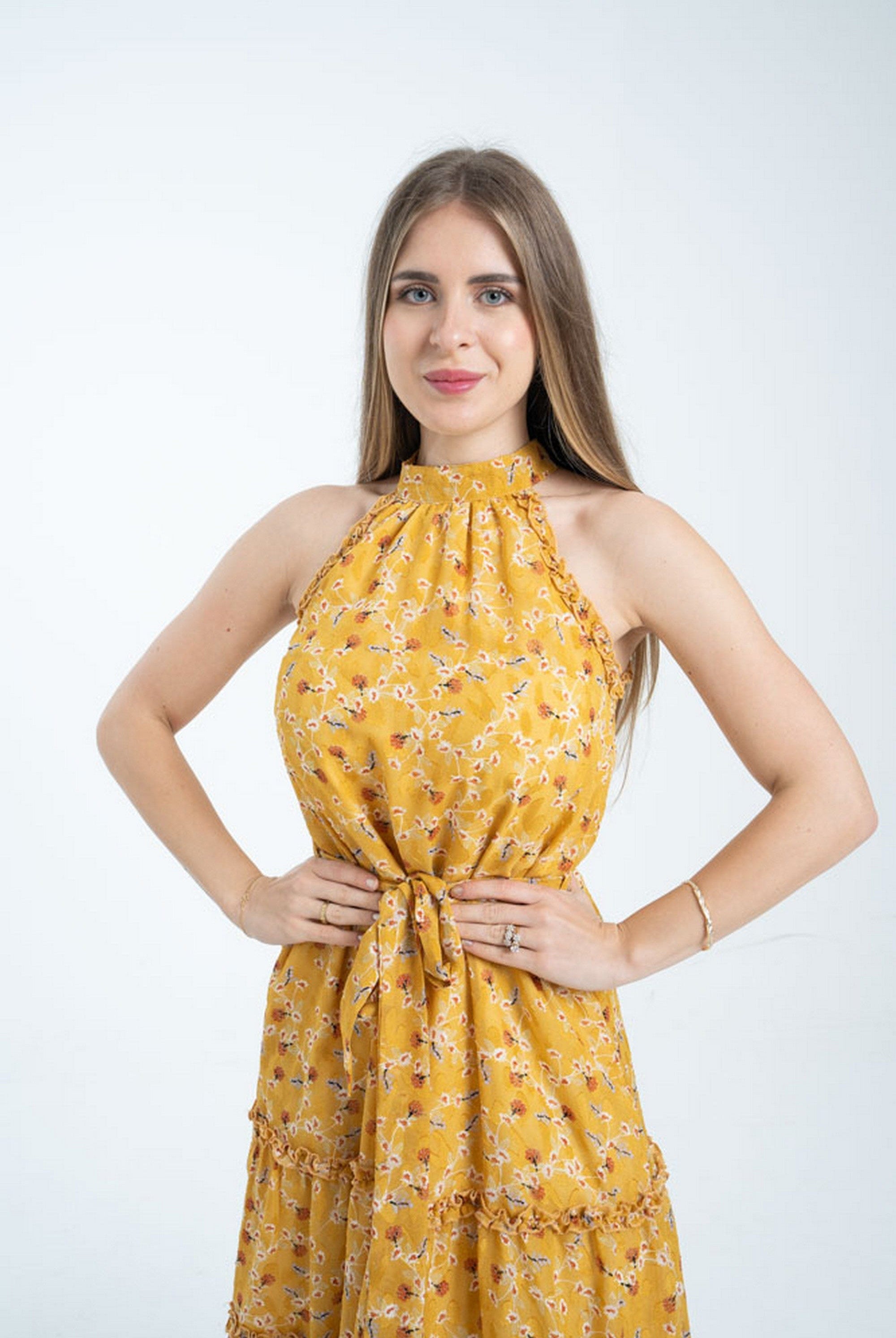 ميكا فستان مشجر بحزام على الخصر بدون أكمام نسائي