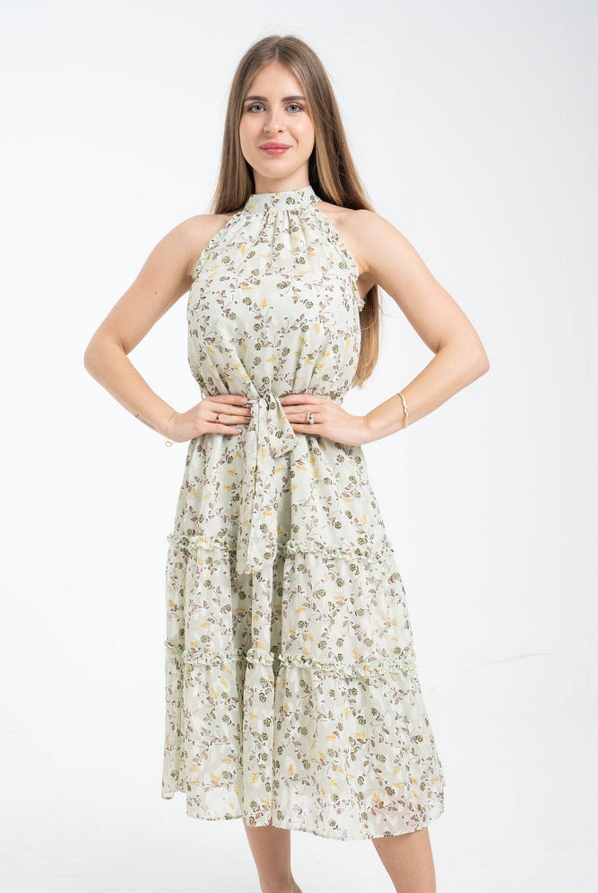 ميكا فستان مشجر بحزام على الخصر بدون أكمام نسائي