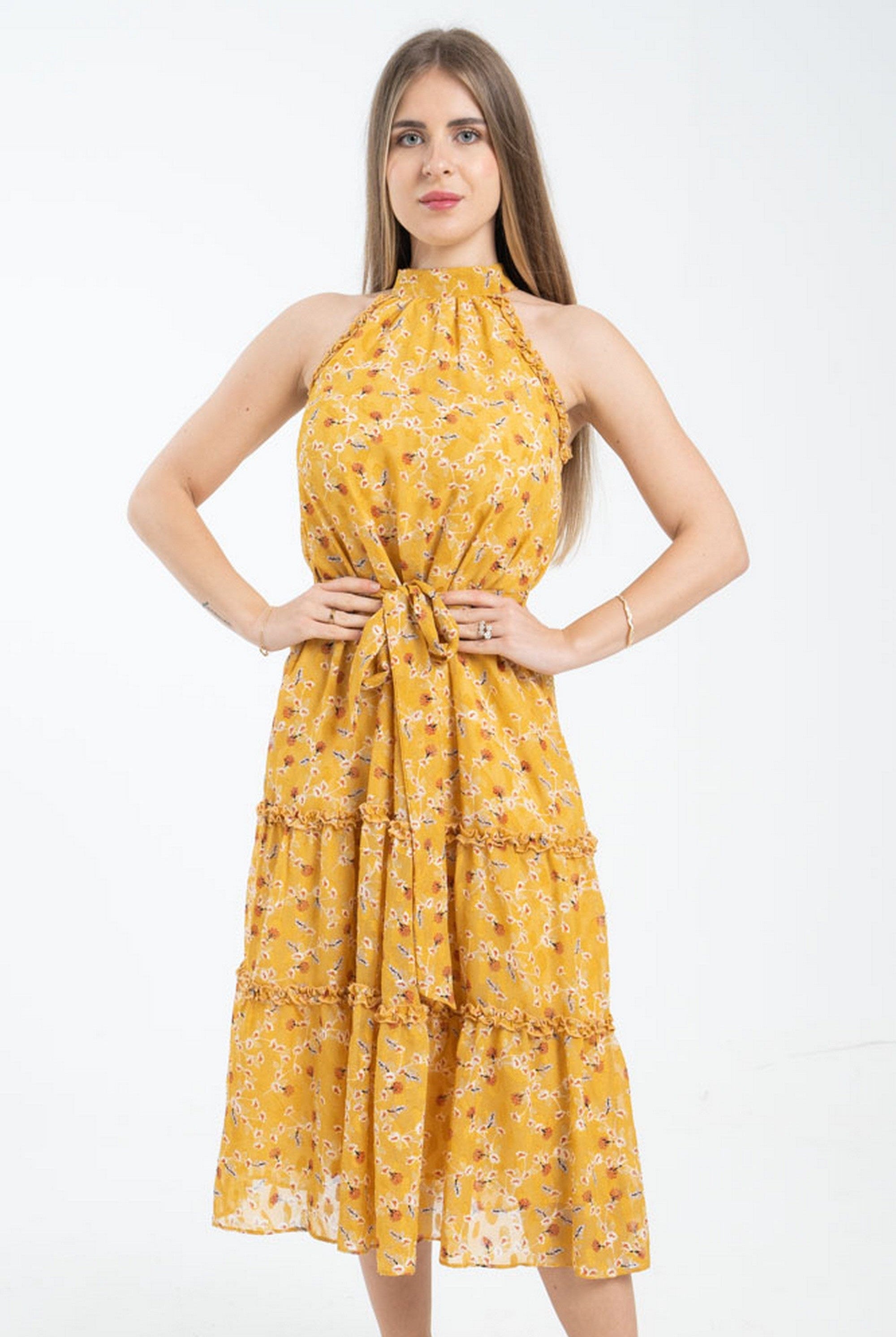 ميكا فستان مشجر بحزام على الخصر بدون أكمام نسائي