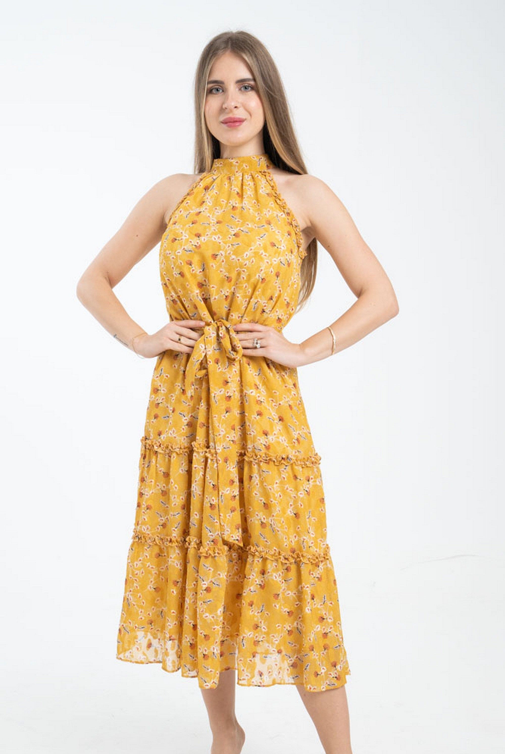 ميكا فستان مشجر بحزام على الخصر بدون أكمام نسائي