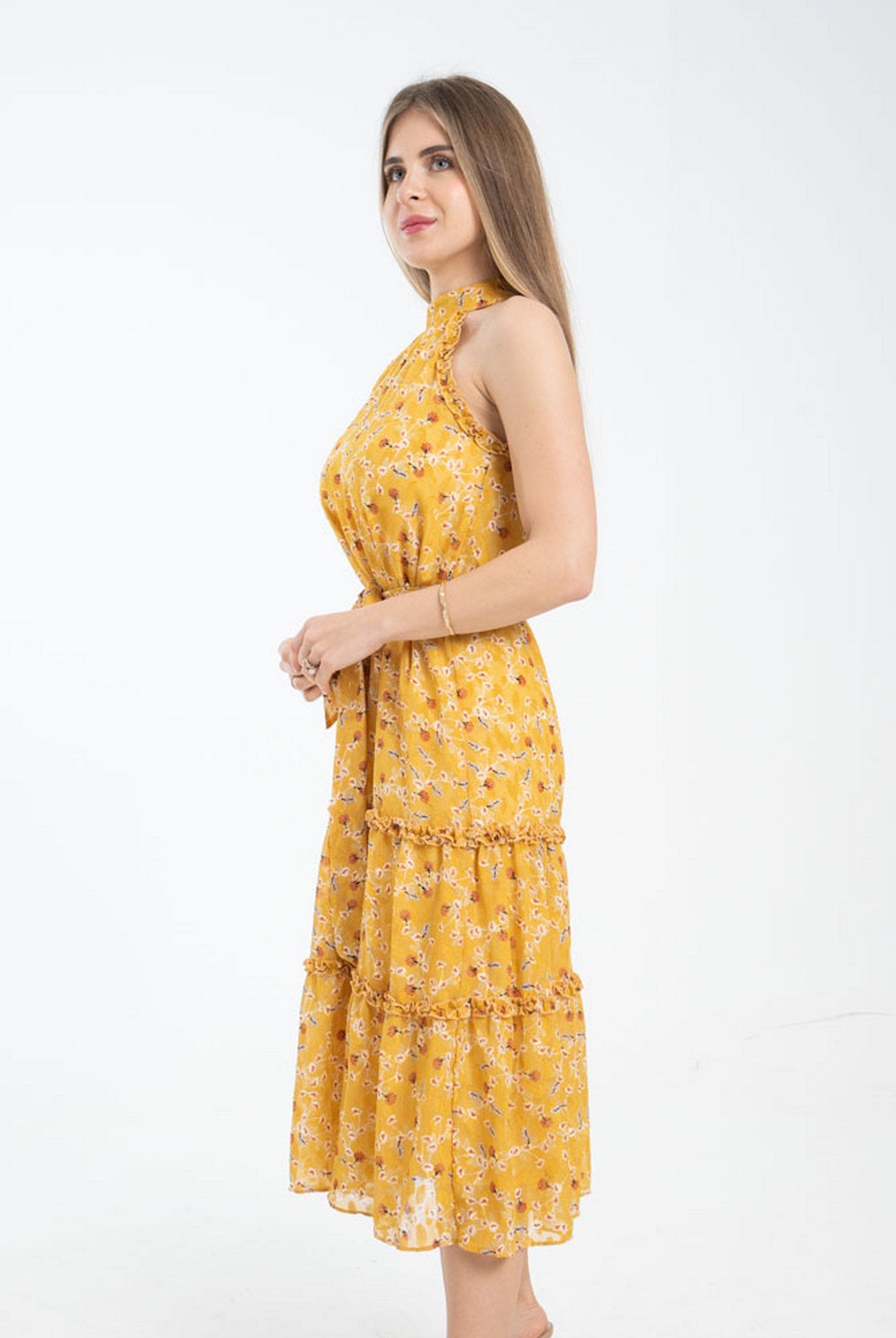 ميكا فستان مشجر بحزام على الخصر بدون أكمام نسائي