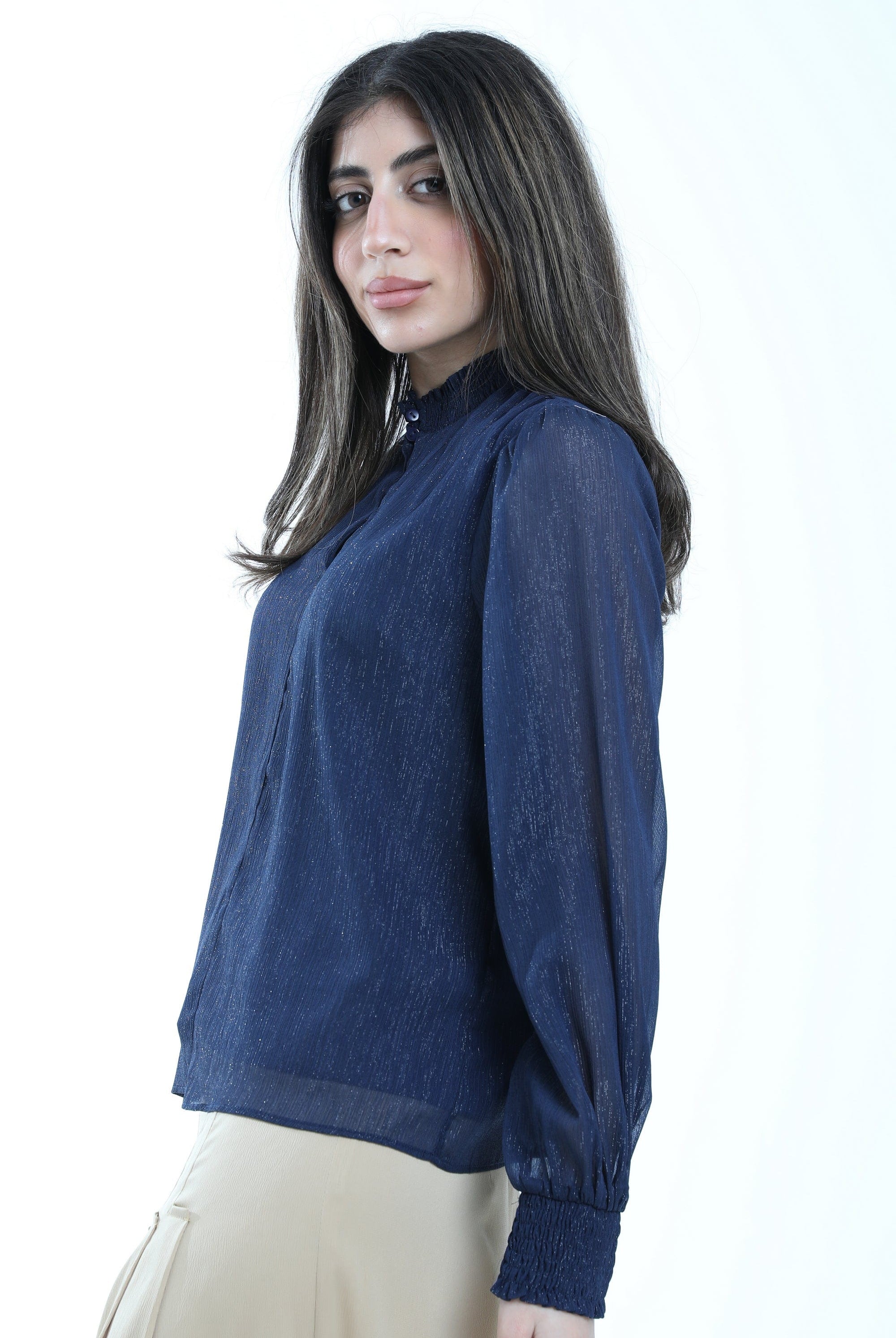 ميكا توب سادة شفاف مبطن أكمام طويل بف نسائي