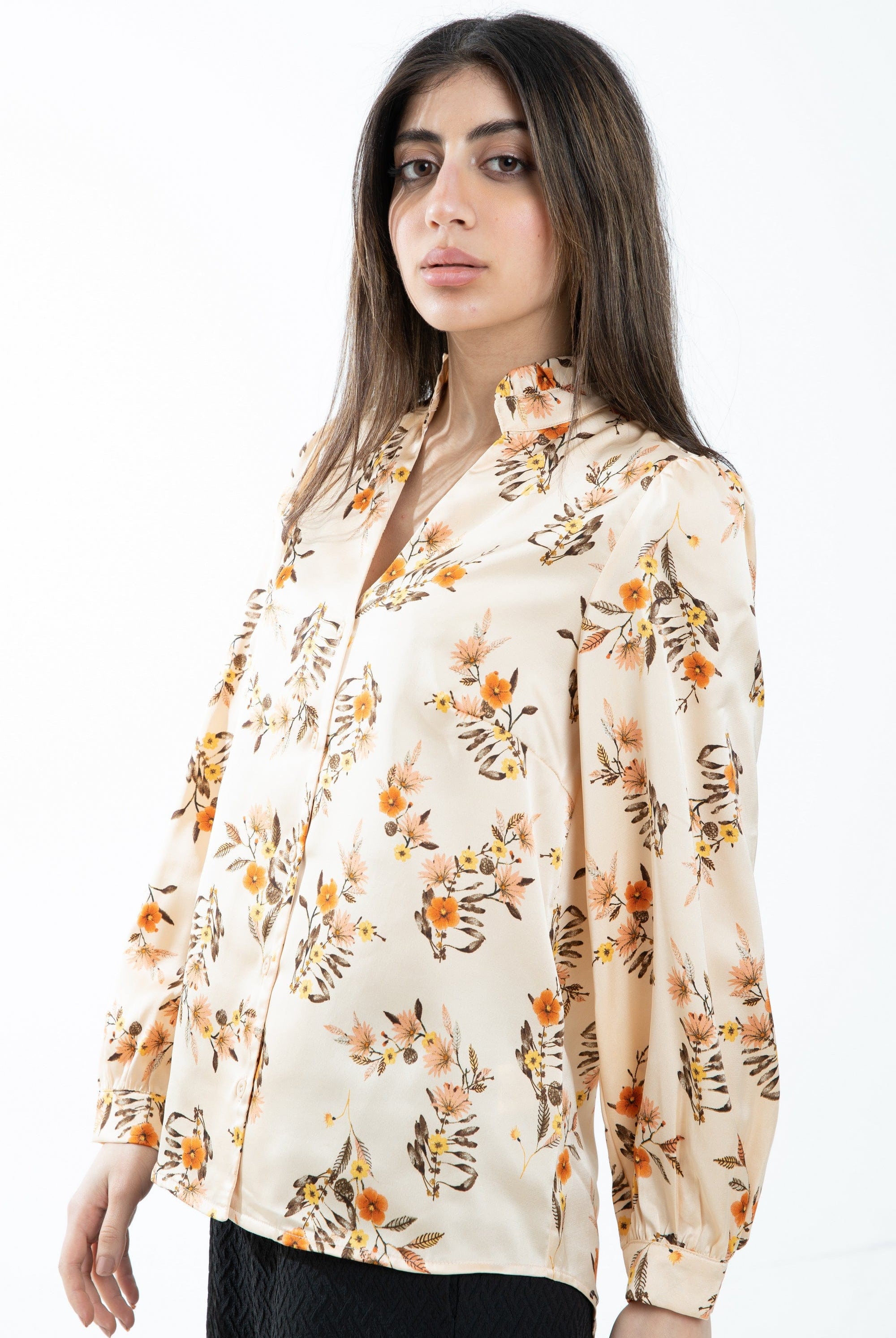 ميكا توب كلاسيك مشجر بأزرار أمامية كم طويل نسائي