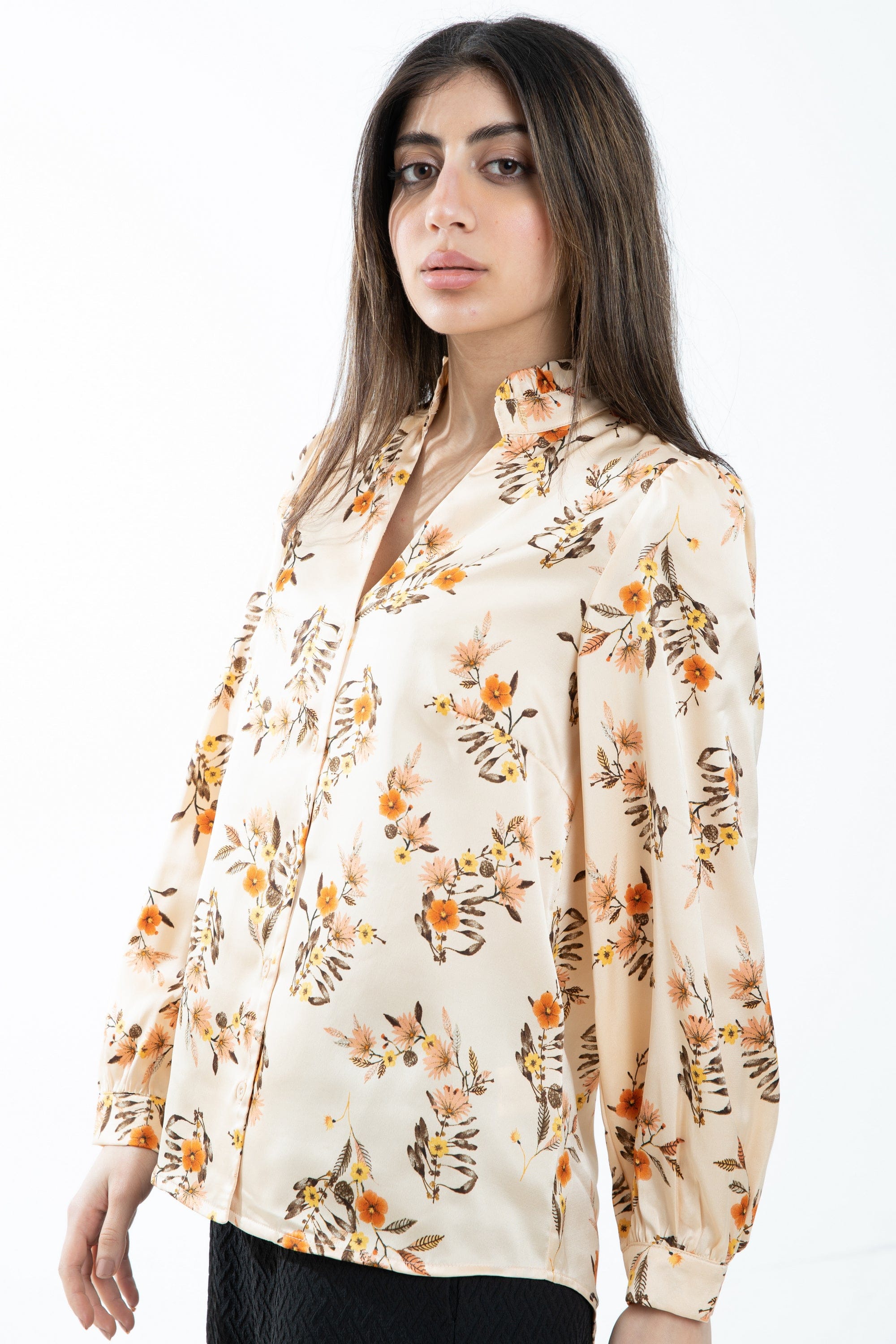 ميكا توب كلاسيك مشجر بأزرار أمامية كم طويل نسائي