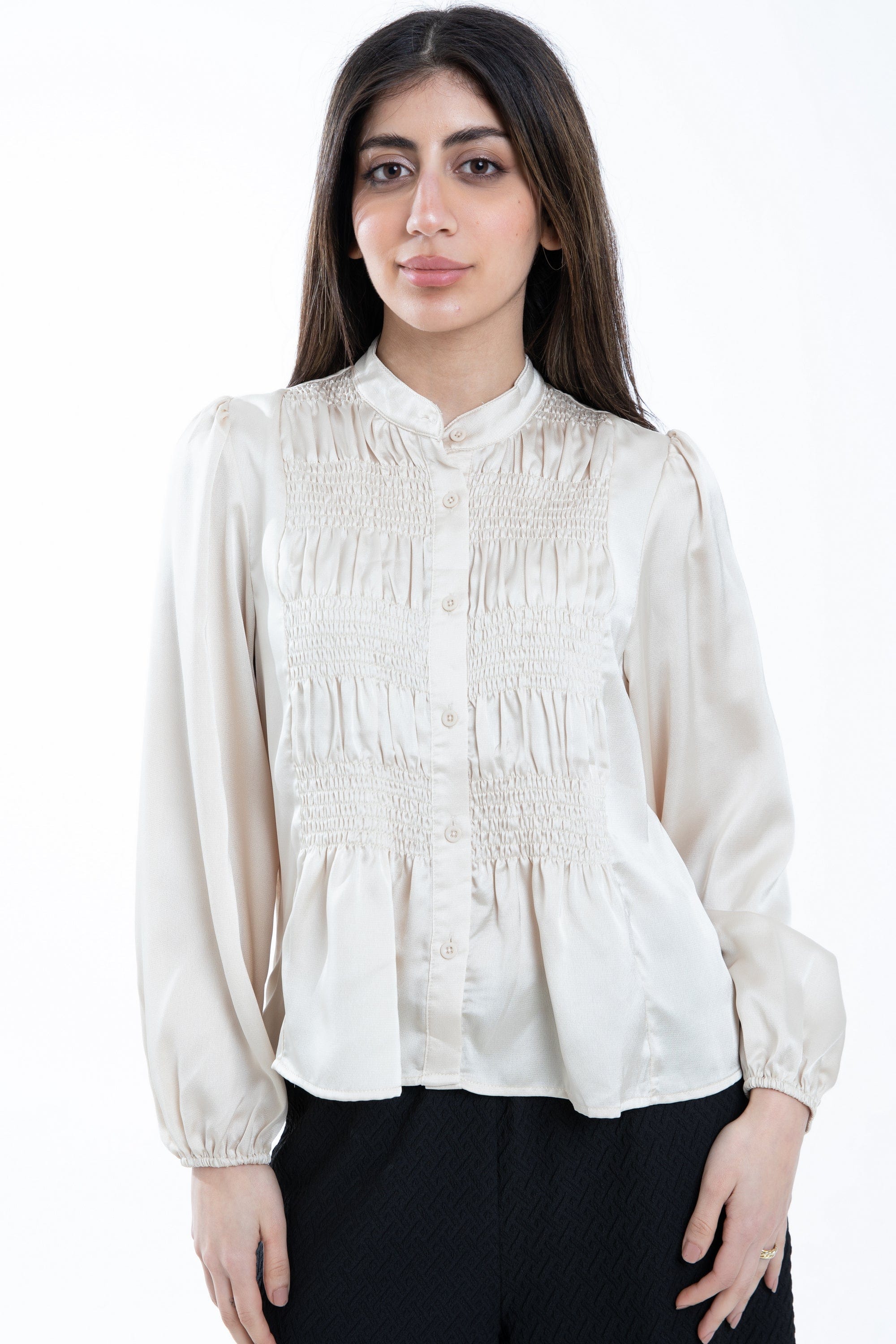 ميكا بلوزة بأزرار أمامية كم طويل بف نسائي