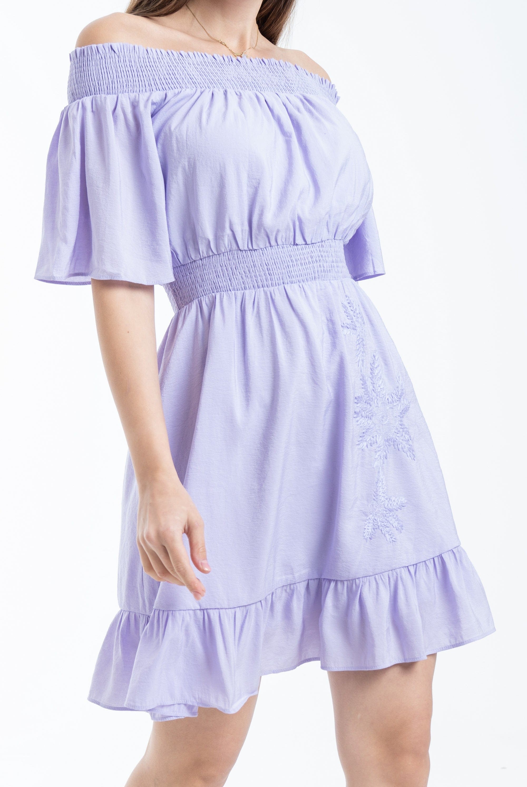 ميكا فستان سادة قصير مخصر أوف شولدر نص كم واسع نسائي