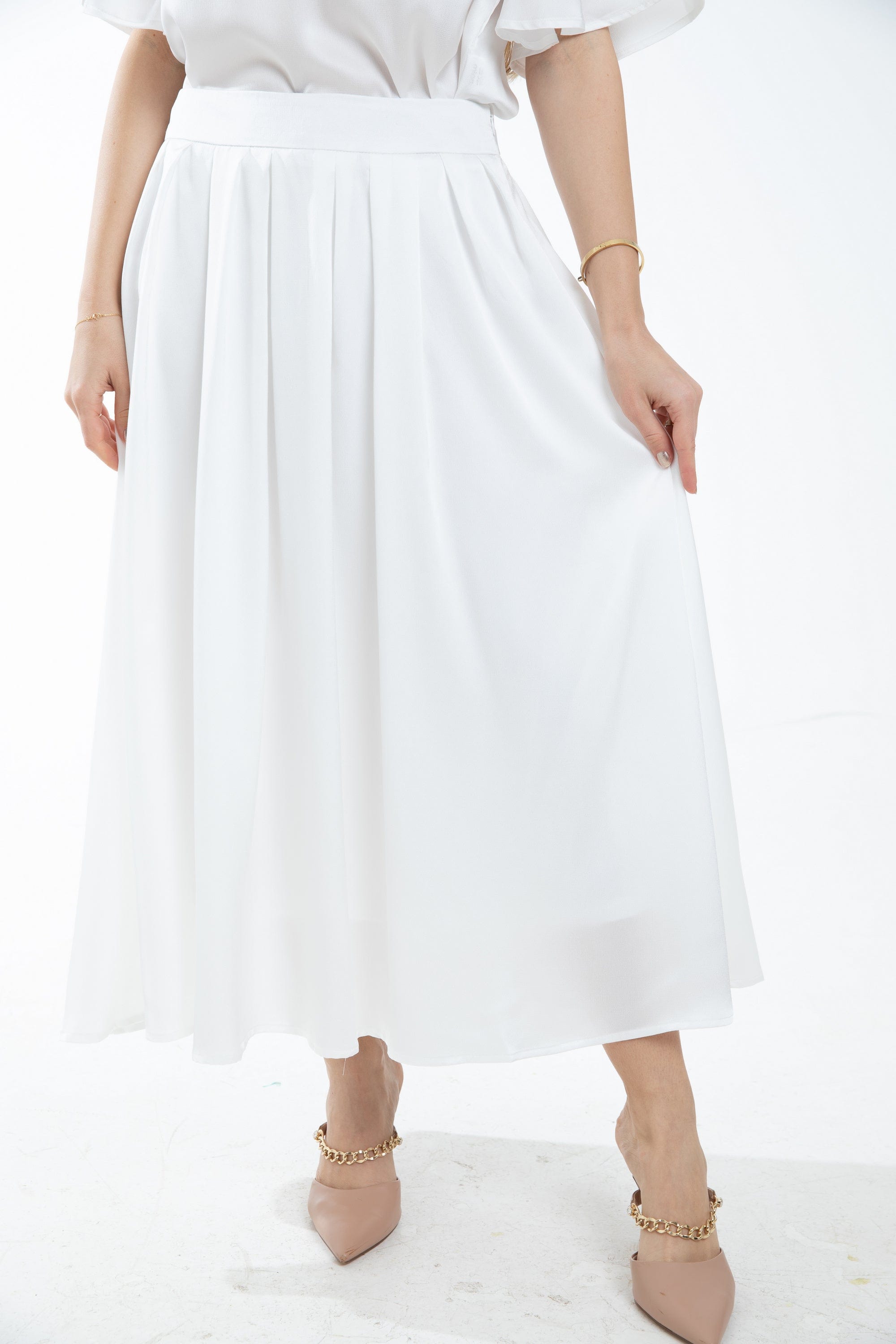 ميكا تنورة ميدي سادة بكسرات عريضة نسائية