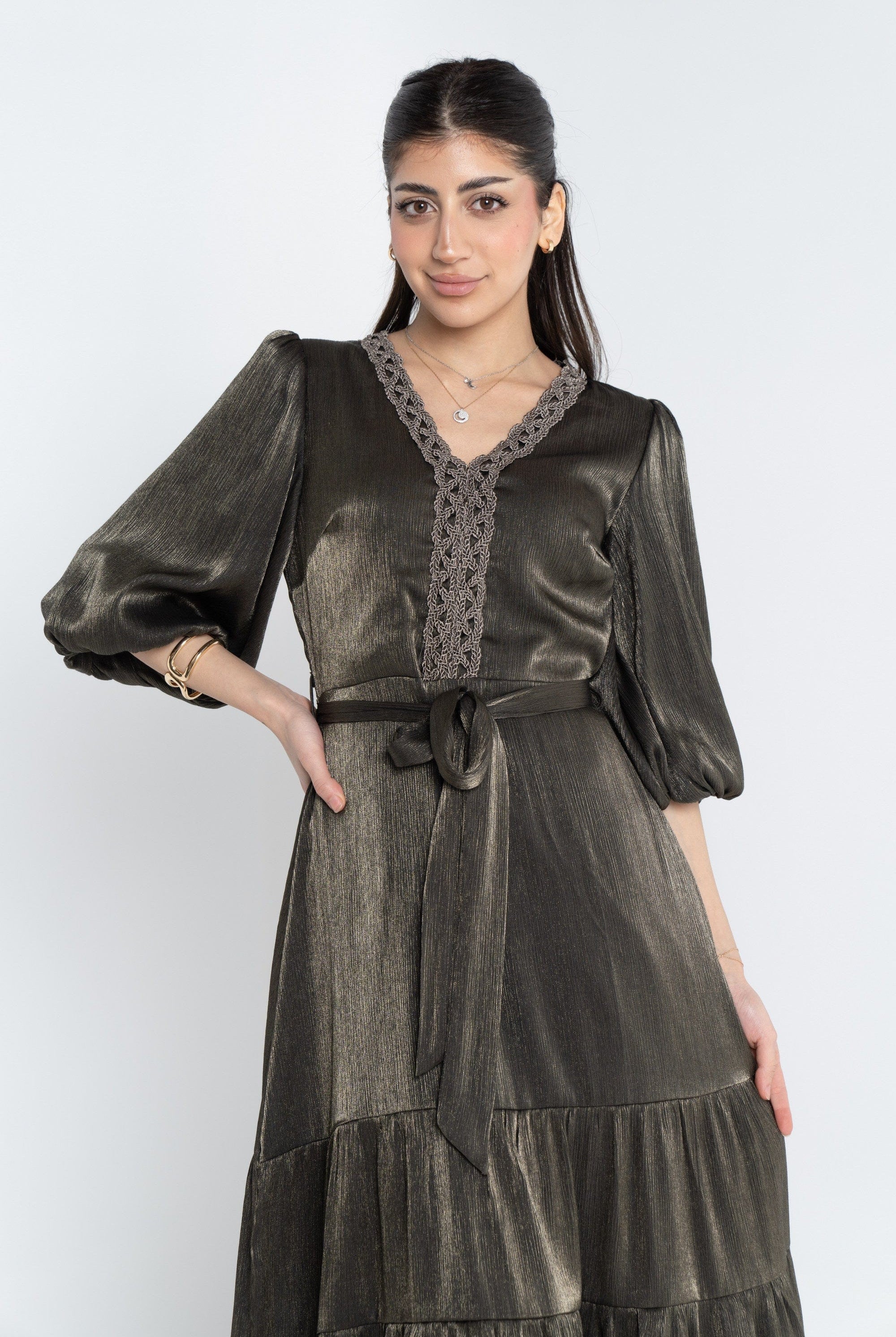 ميكا فستان ميدي بحزام على الخصر 3/4 كم بف نسائي