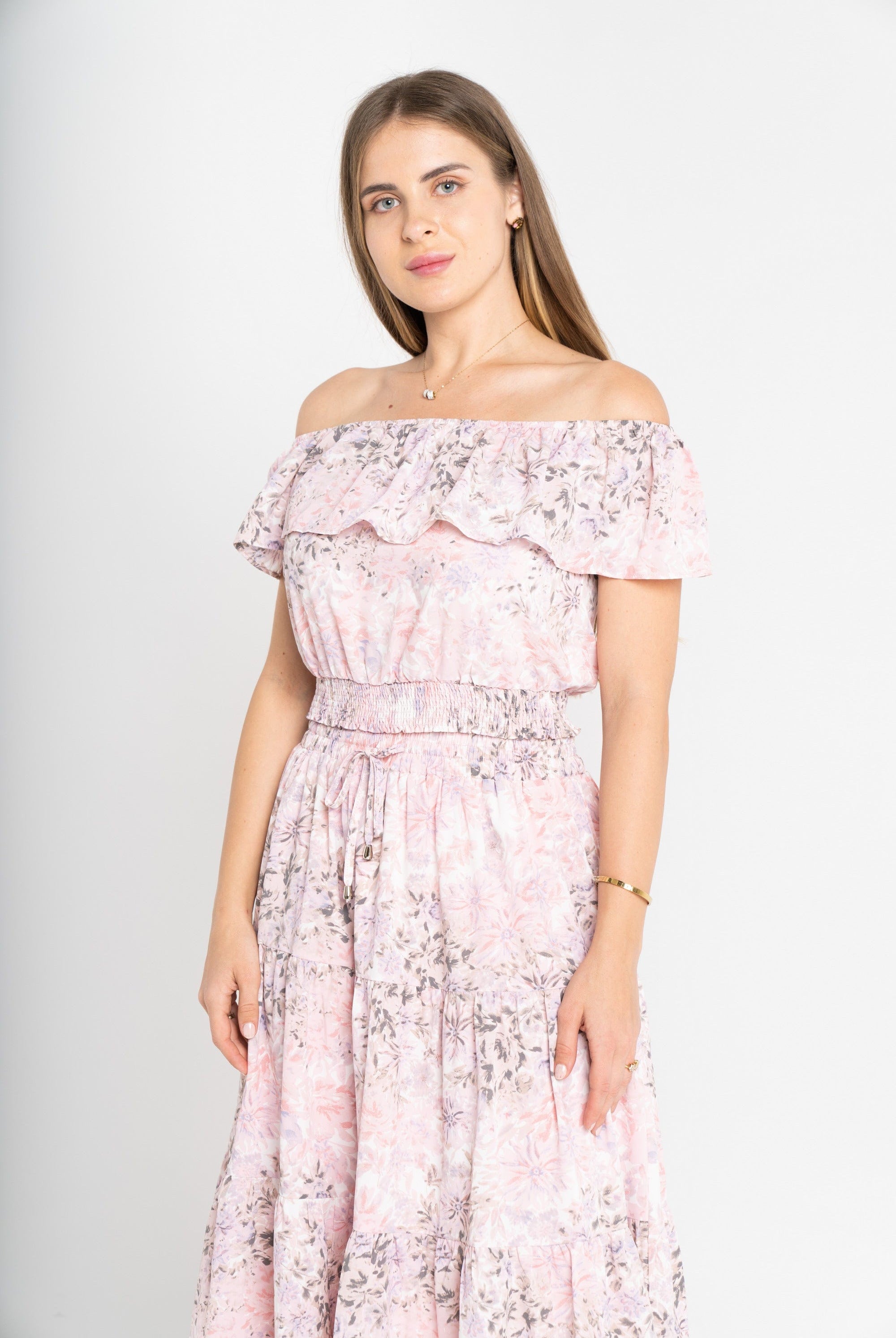 ميكا بلوزة بأكمام قصيرة اوف شولدر مشجرة ازرق/زهري