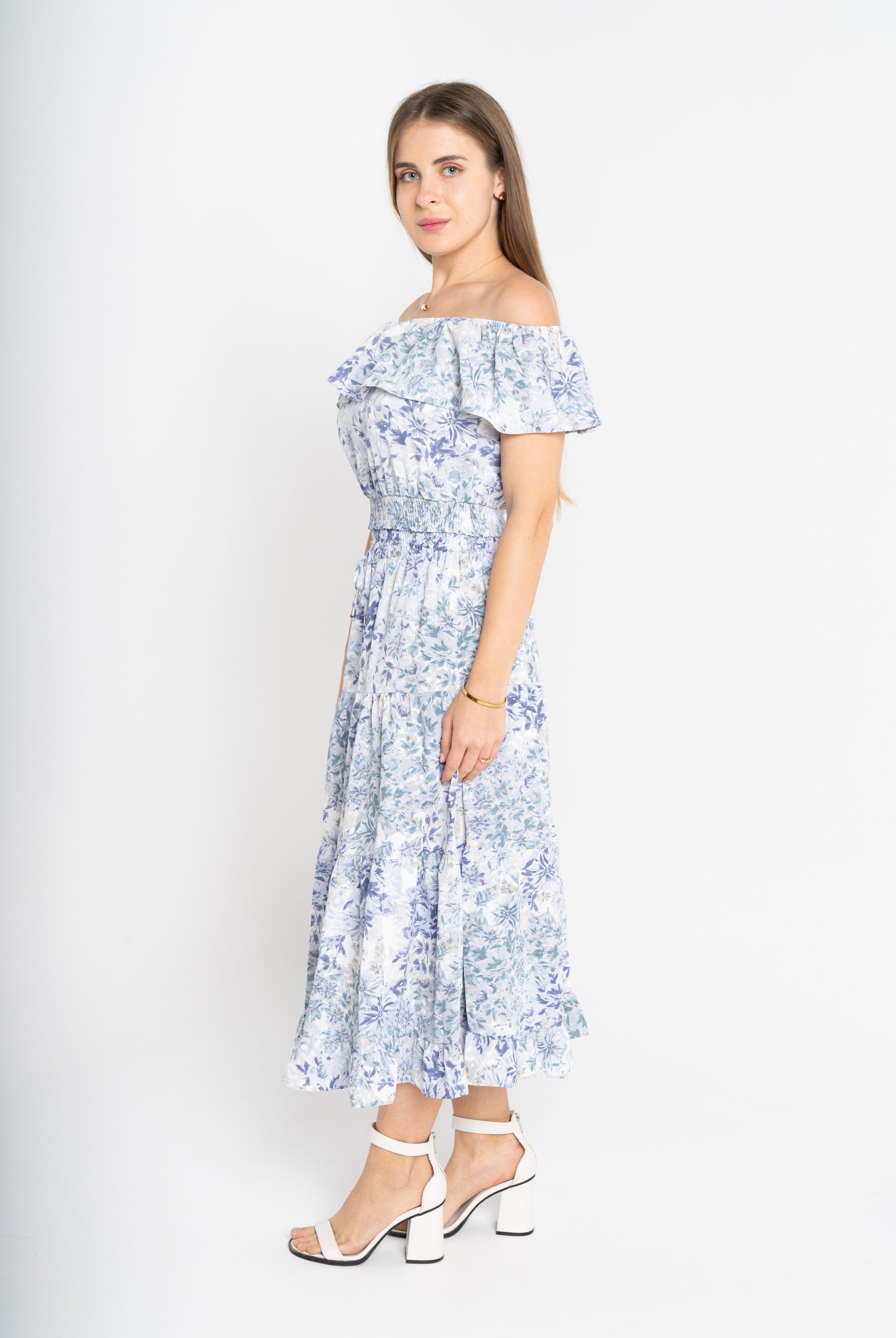 ميكا بلوزة بأكمام قصيرة اوف شولدر مشجرة ازرق/زهري