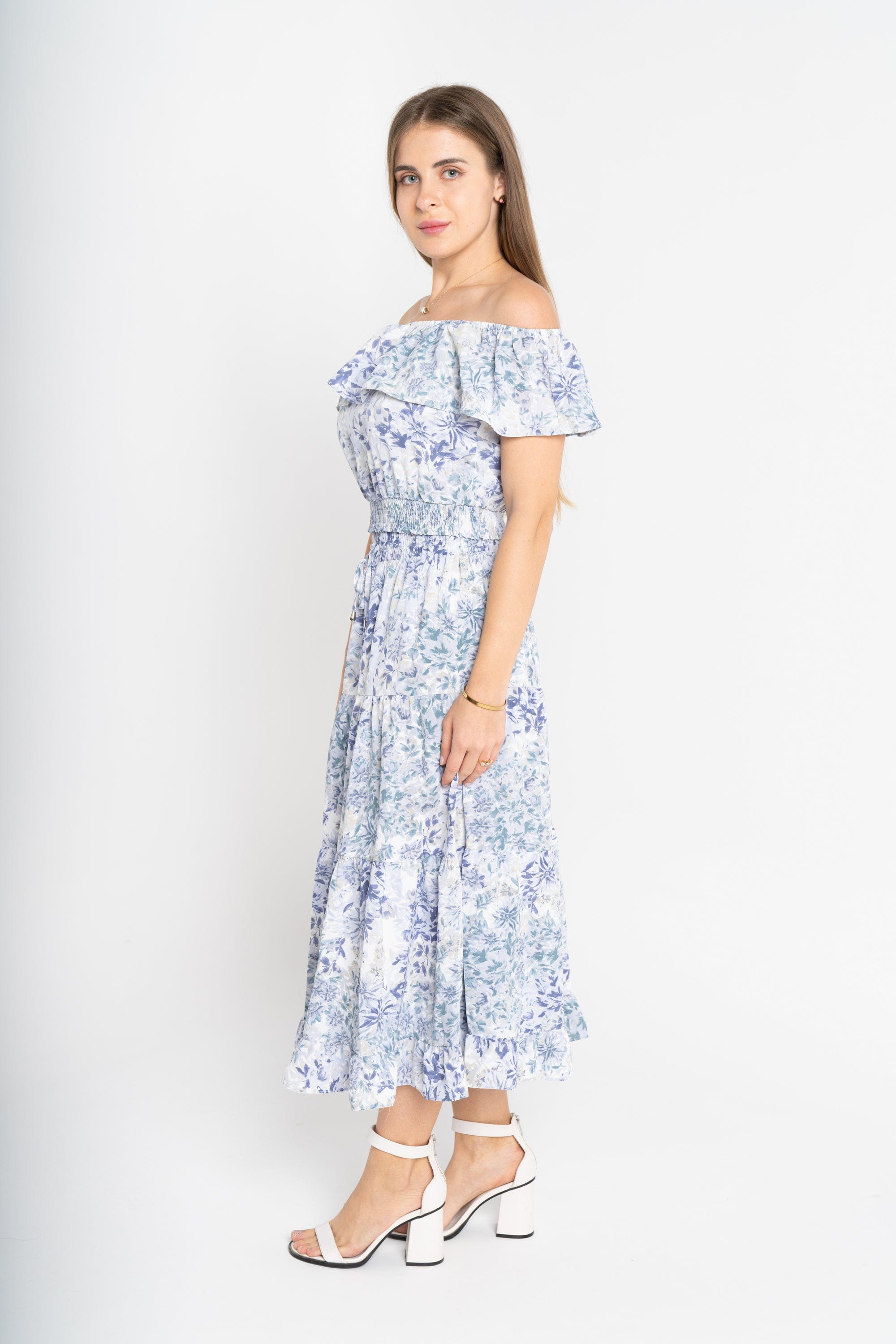 ميكا بلوزة بأكمام قصيرة اوف شولدر مشجرة ازرق/زهري