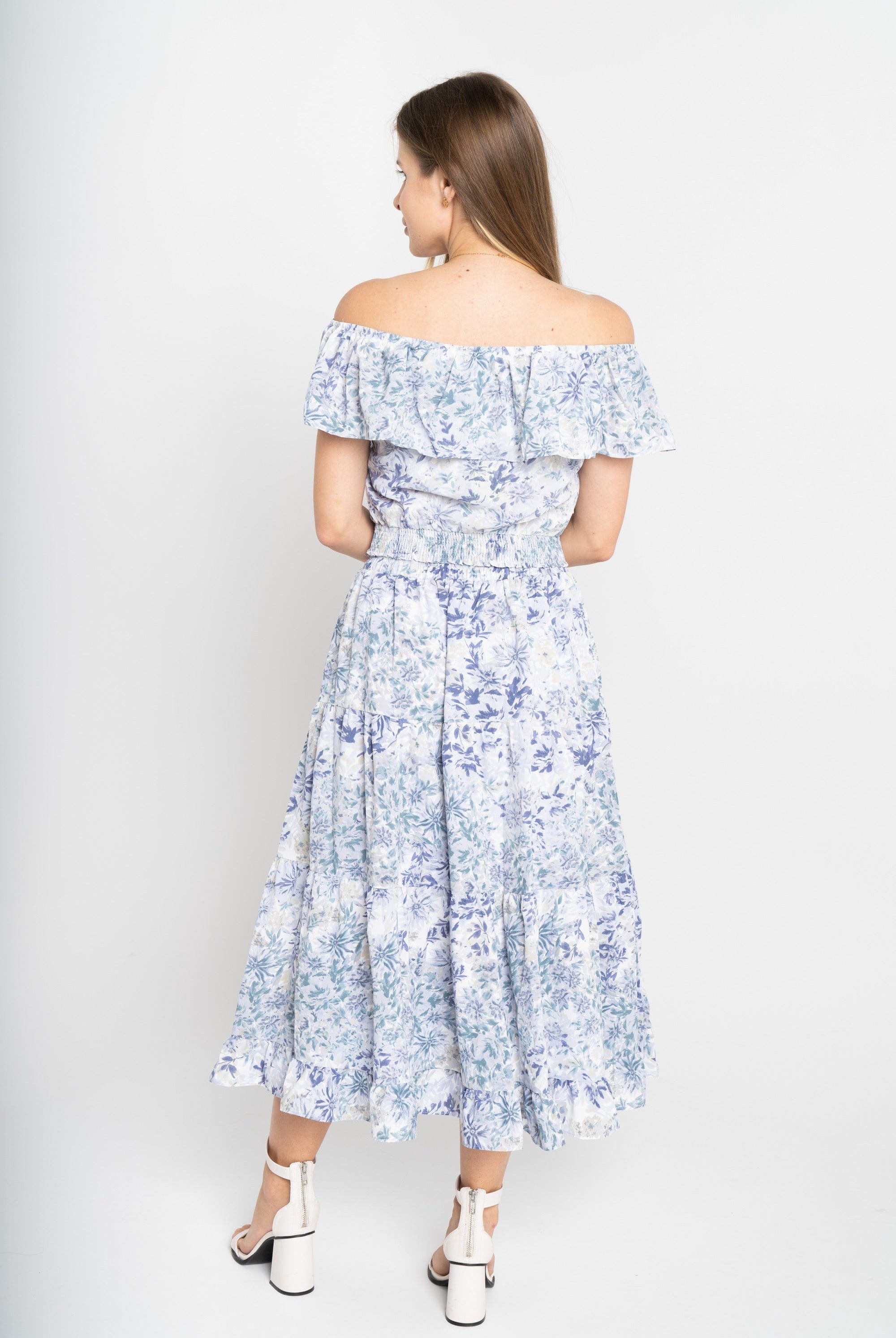 ميكا بلوزة بأكمام قصيرة اوف شولدر مشجرة ازرق/زهري