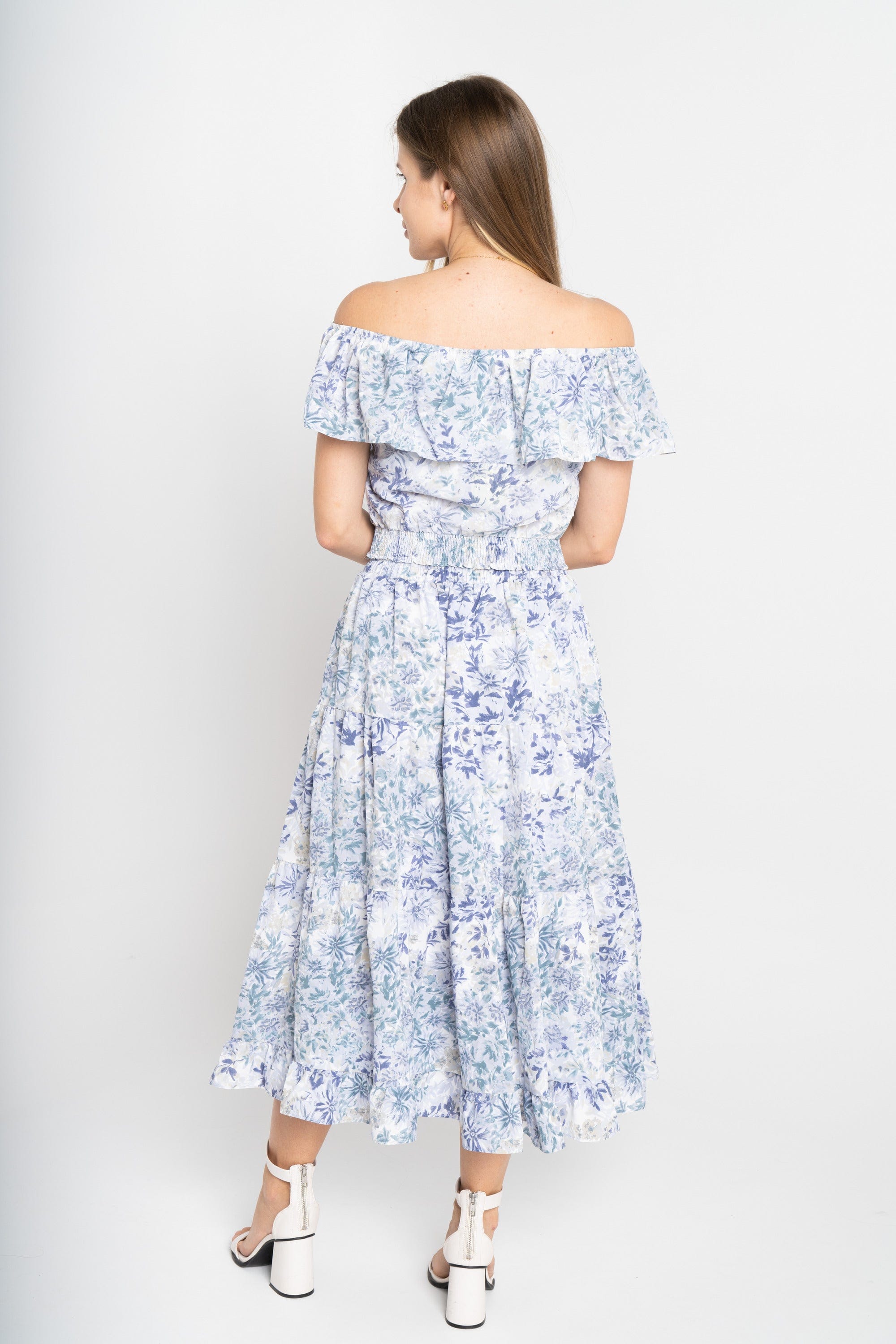 ميكا تنورة ميدي مشجرة بخصر مرتفع ازرق/زهري