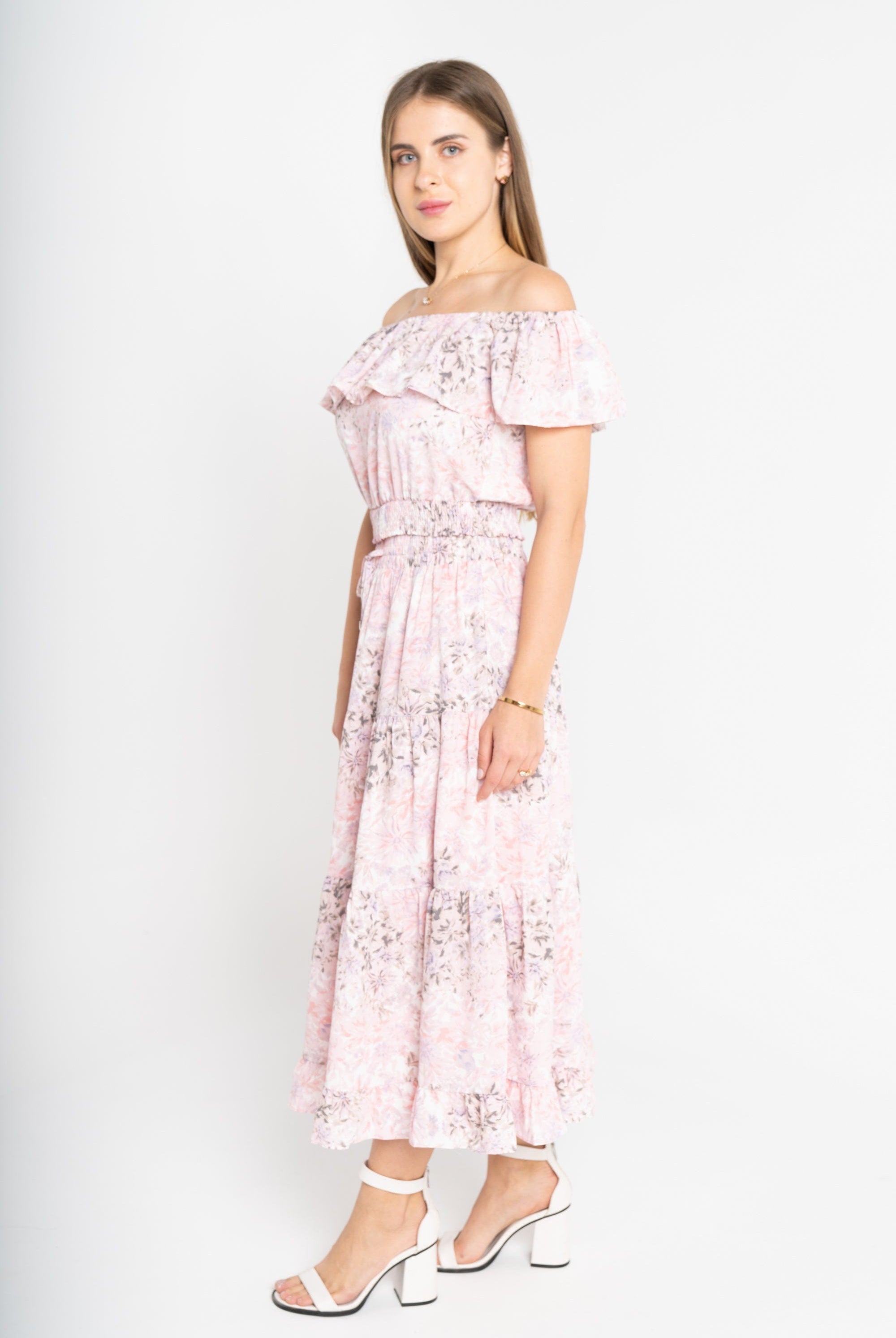 ميكا بلوزة بأكمام قصيرة اوف شولدر مشجرة ازرق/زهري