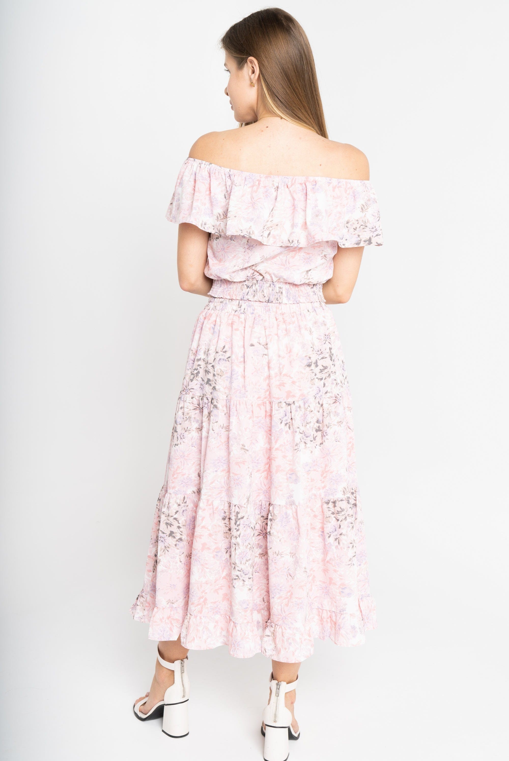 ميكا بلوزة بأكمام قصيرة اوف شولدر مشجرة ازرق/زهري