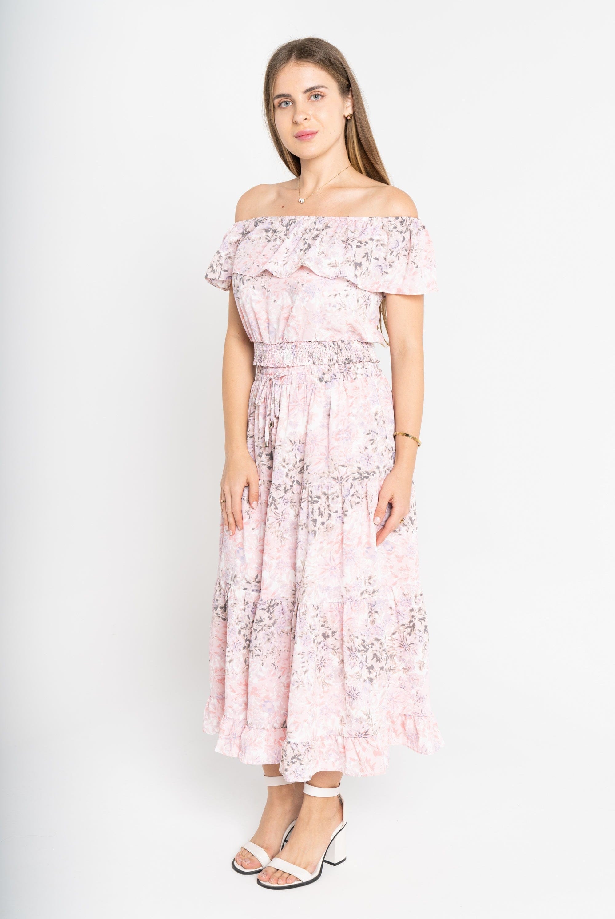 ميكا تنورة ميدي مشجرة بخصر مرتفع ازرق/زهري