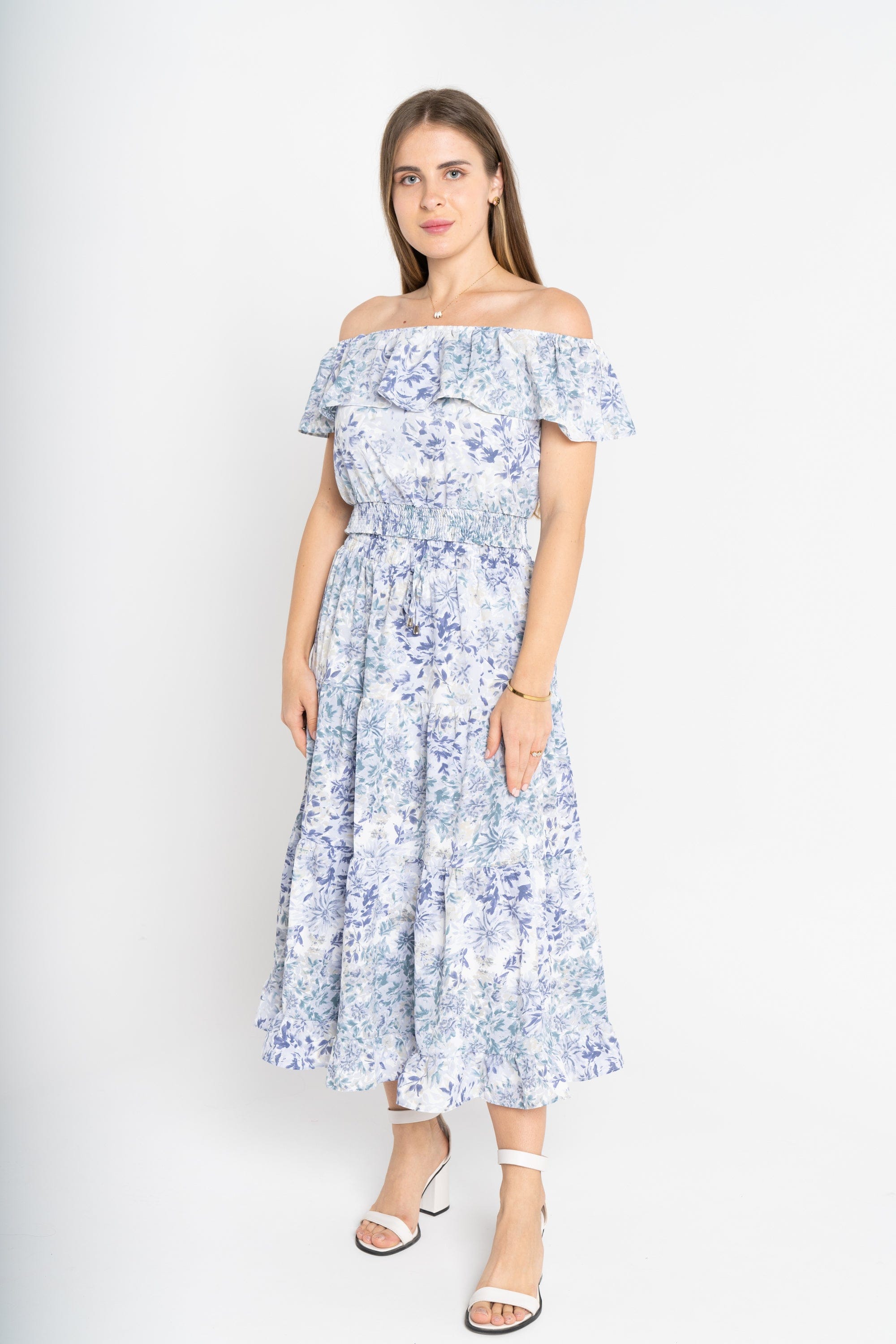 ميكا بلوزة بأكمام قصيرة اوف شولدر مشجرة ازرق/زهري