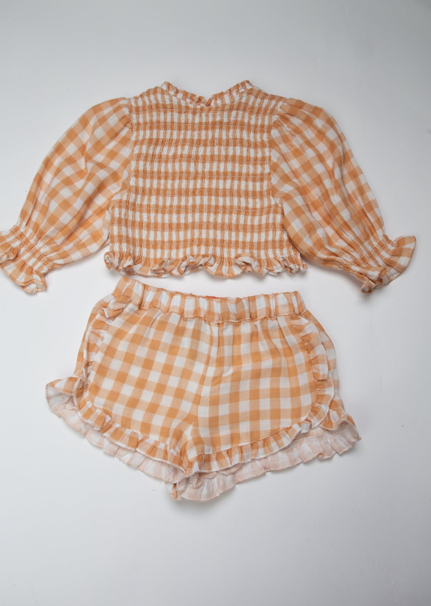 جينجرسنابس طقم بناتي كاروهات بلوزة كم طويل وشورت بني