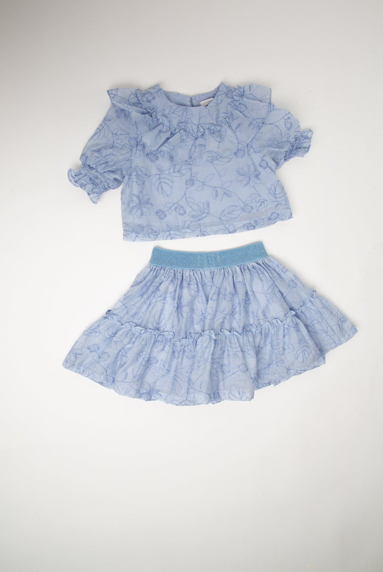 جينجرسنابس طقم أطفال مشجر تنورة منفوش وبلوزة أطفال بناتي أزرق